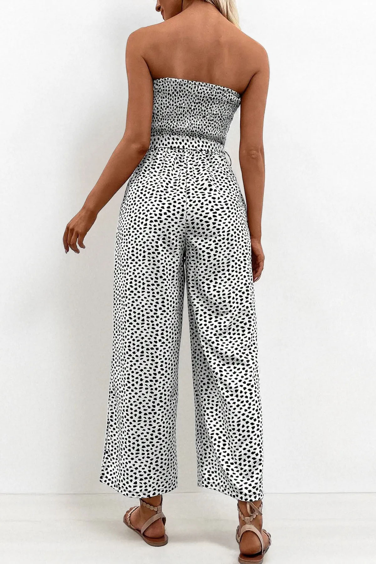 Trendy Off-Shoulder Polka Dot Waist Tie Wide Leg Jumpsuit
