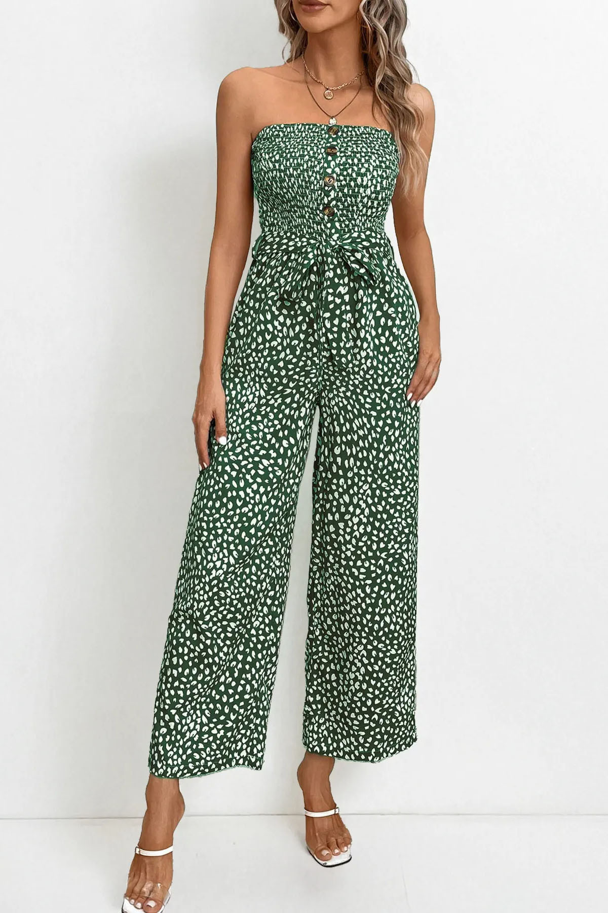 Trendy Off-Shoulder Polka Dot Waist Tie Wide Leg Jumpsuit