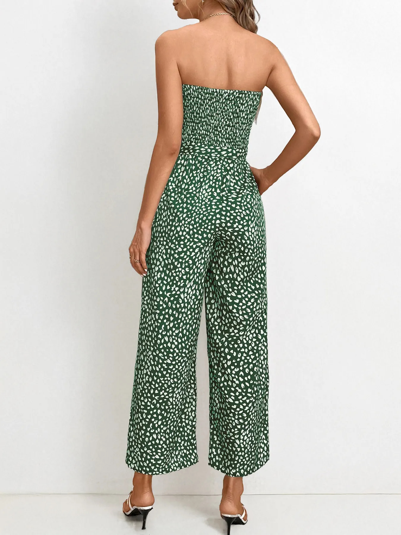 Trendy Off-Shoulder Polka Dot Waist Tie Wide Leg Jumpsuit