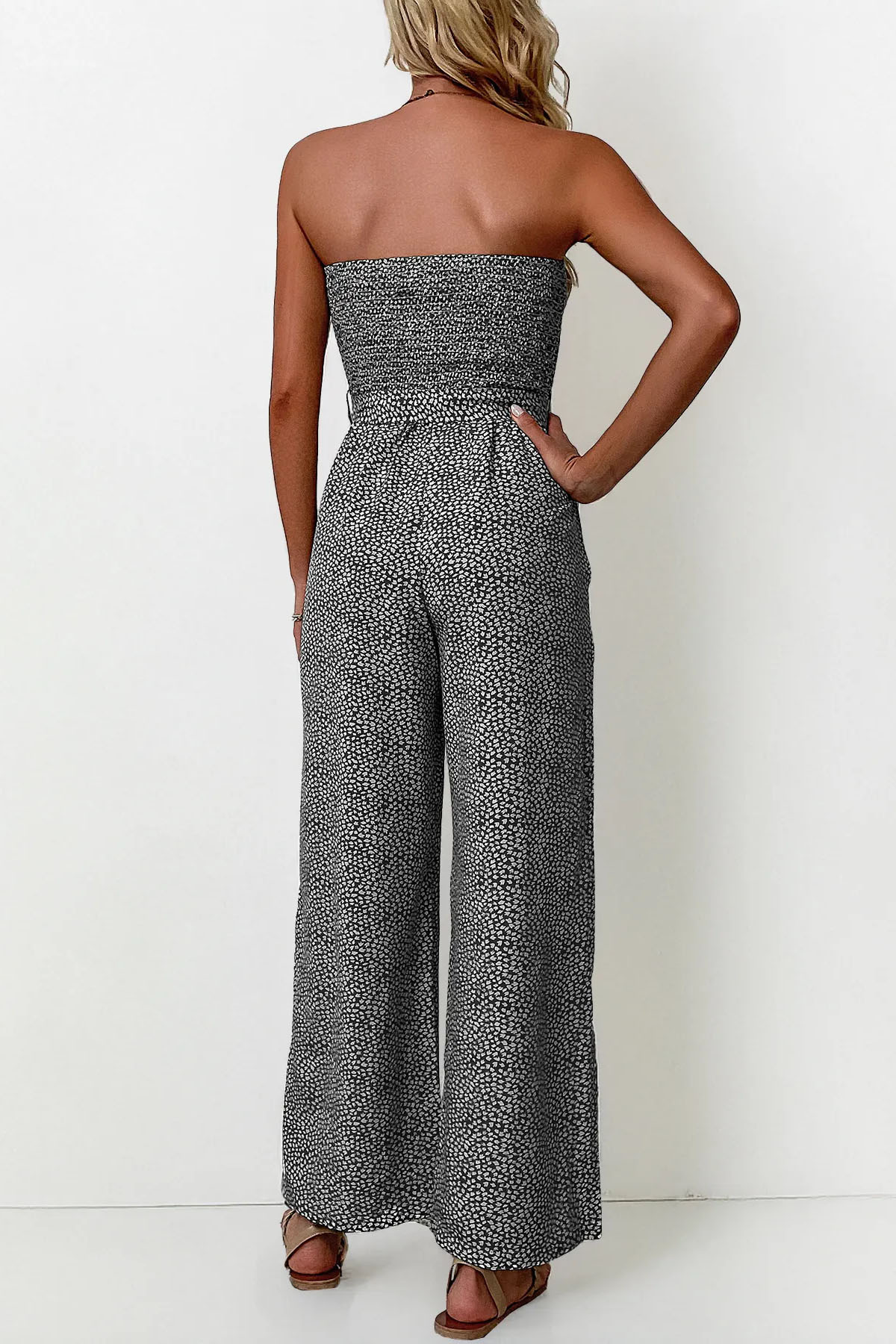 Trendy Off-Shoulder Polka Dot Waist Tie Wide Leg Jumpsuit