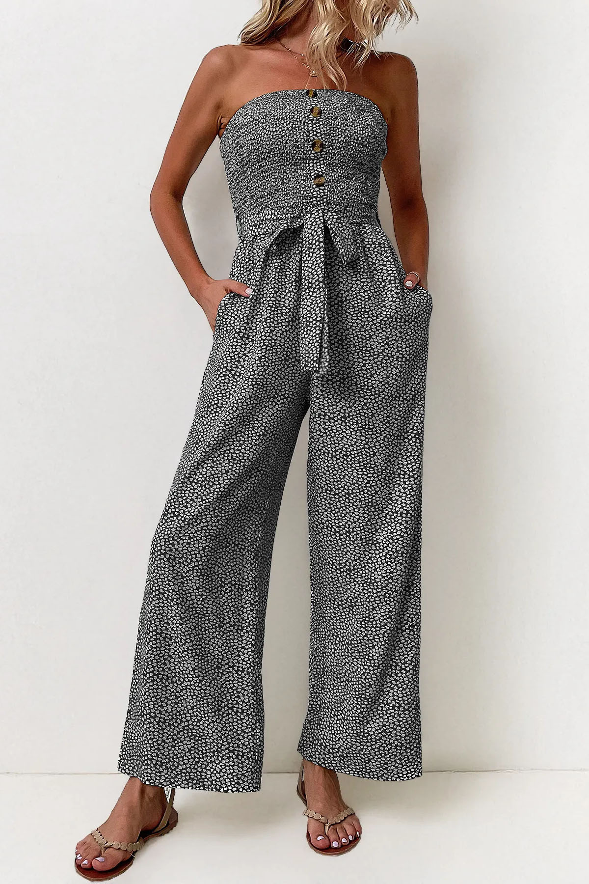 Trendy Off-Shoulder Polka Dot Waist Tie Wide Leg Jumpsuit