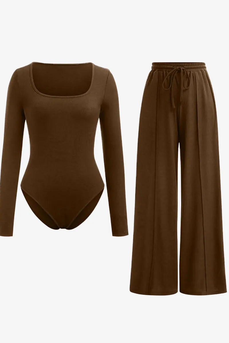 Trendy Square Neck Shaping Bodysuit & High Waist Wide Leg Pockets Trousers Co-ord