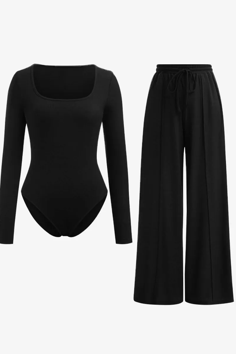 Trendy Square Neck Shaping Bodysuit & High Waist Wide Leg Pockets Trousers Co-ord