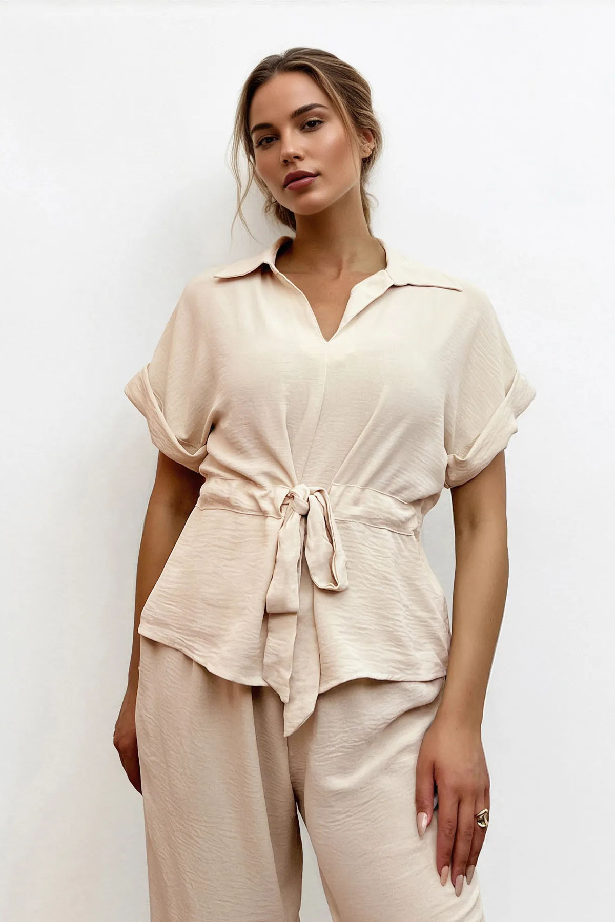 Versatile Collared Rolled-Up Short Sleeve Top & Wide Leg Trousers Co-ord