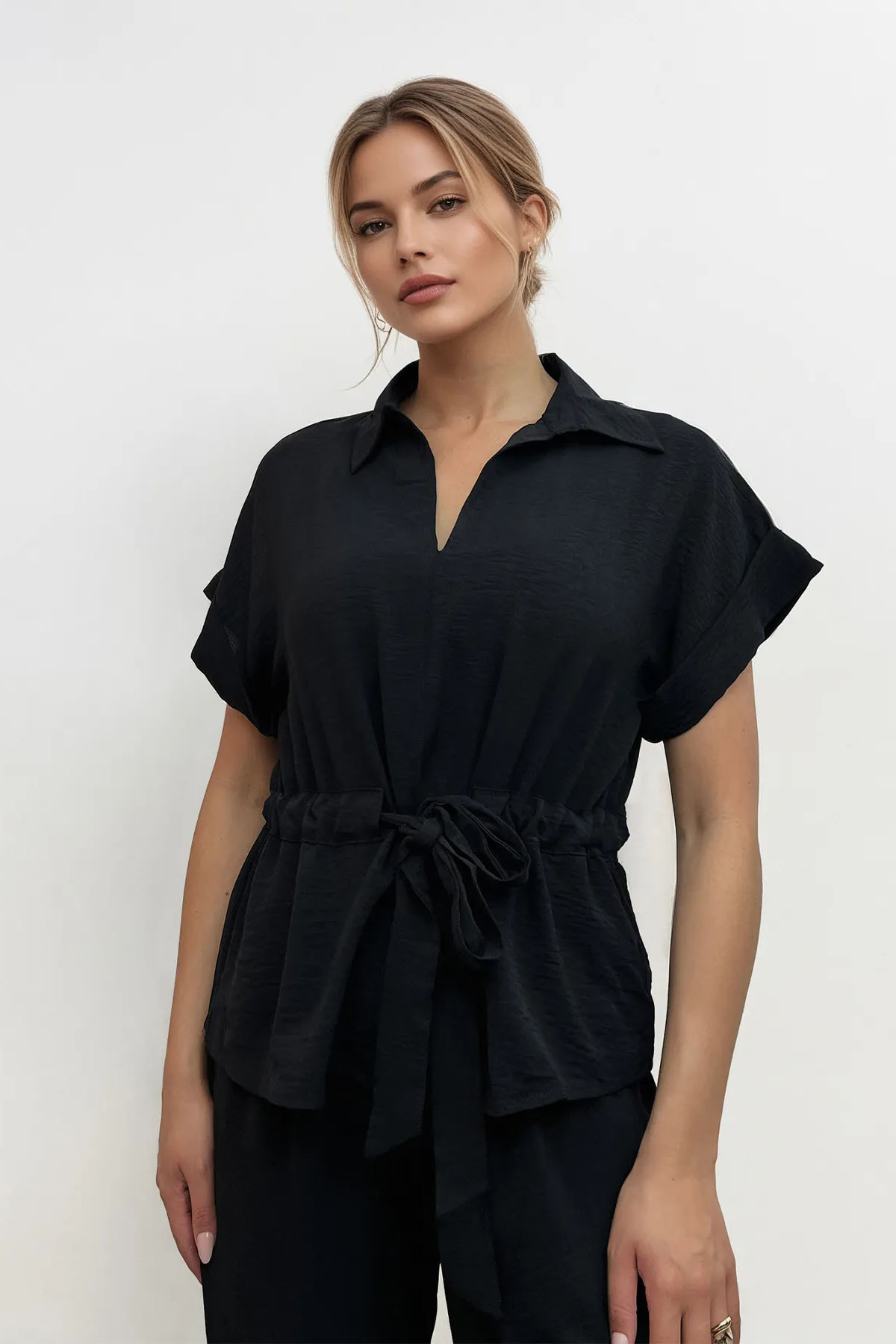 Versatile Collared Rolled-Up Short Sleeve Top & Wide Leg Trousers Co-ord