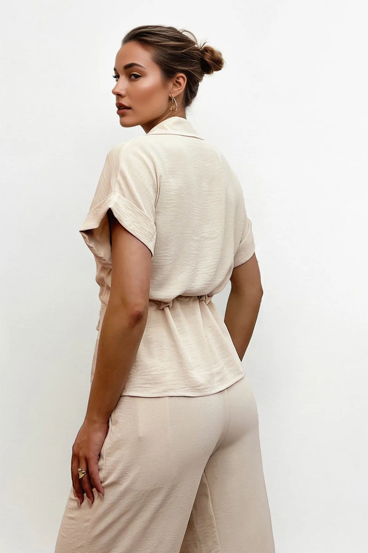 Versatile Collared Rolled-Up Short Sleeve Top & Wide Leg Trousers Co-ord