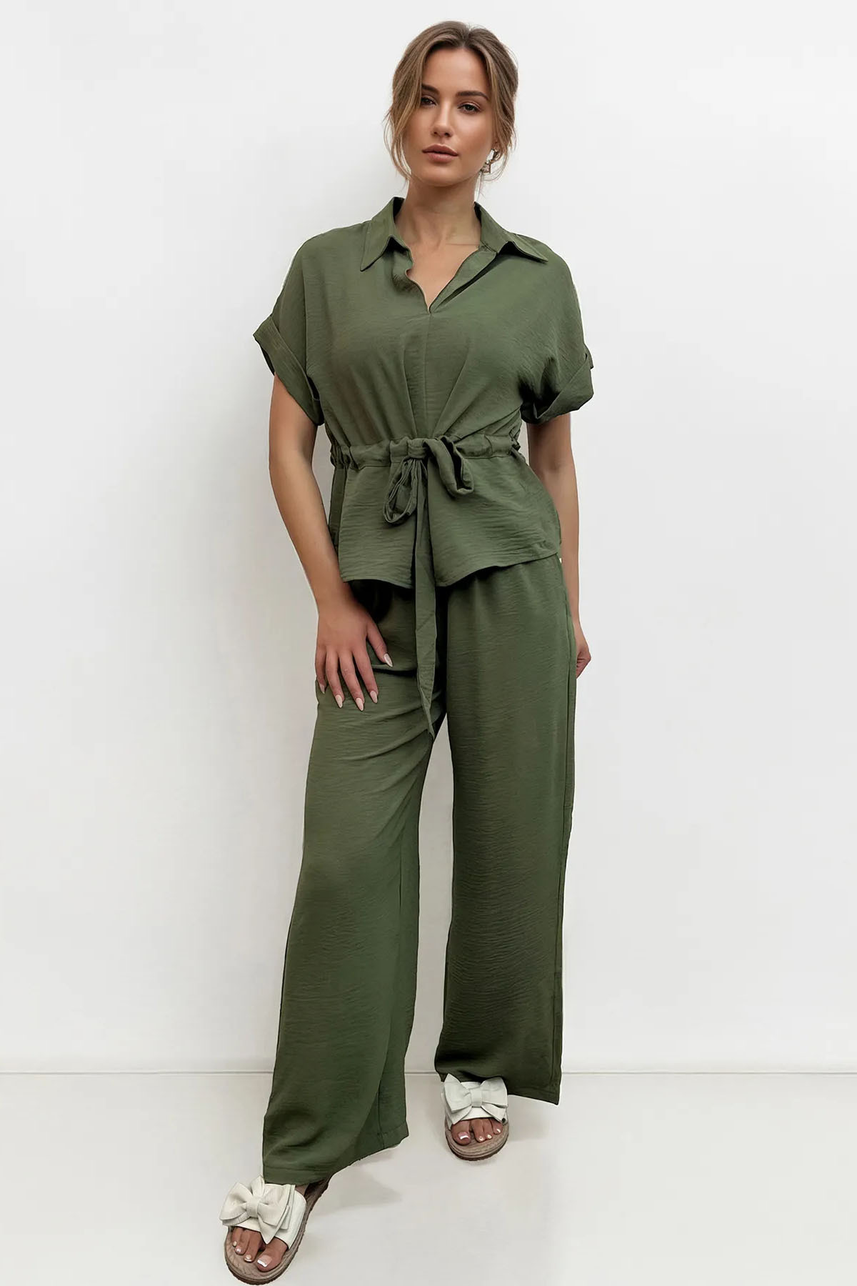 Versatile Collared Rolled-Up Short Sleeve Top & Wide Leg Trousers Co-ord