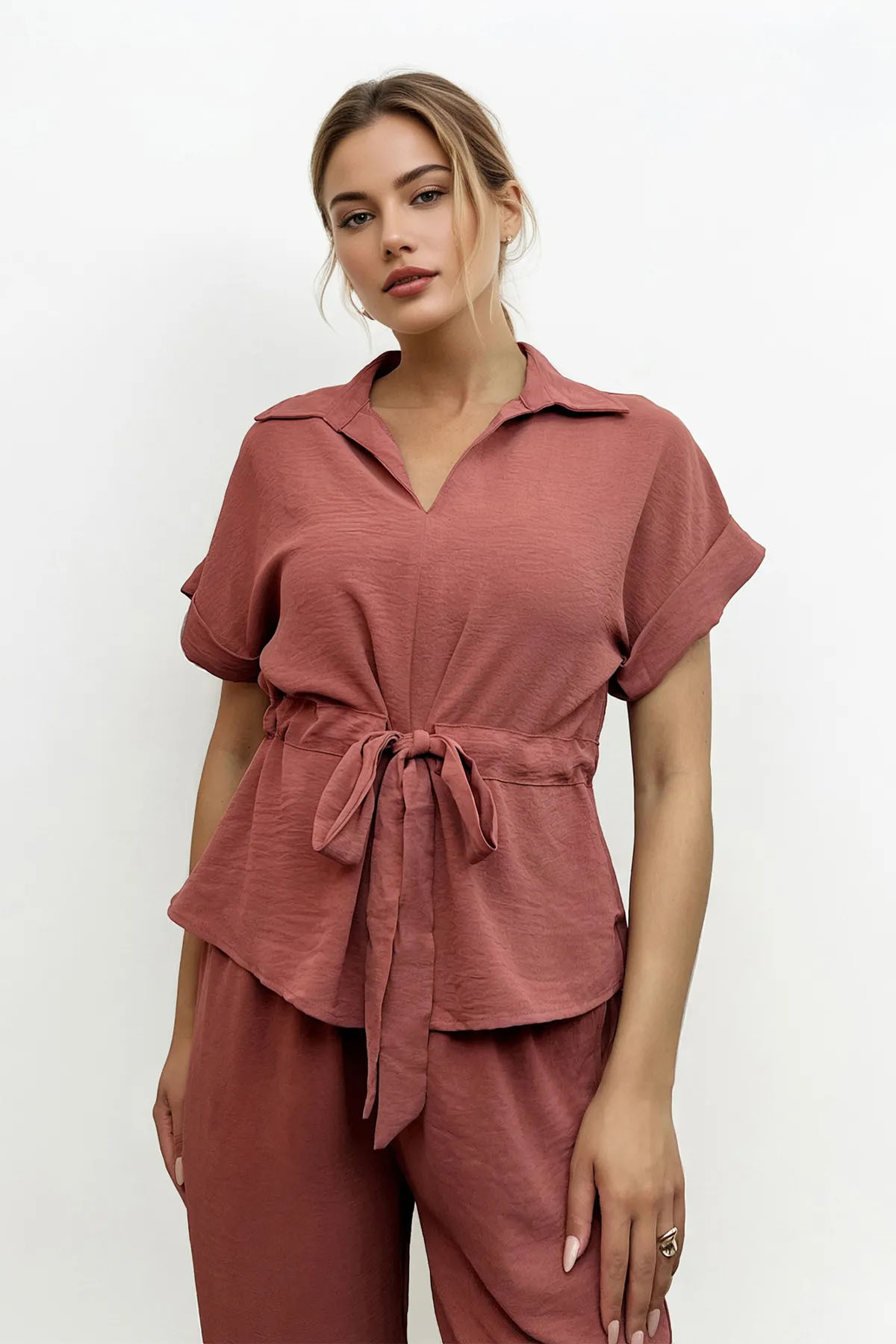 Versatile Collared Rolled-Up Short Sleeve Top & Wide Leg Trousers Co-ord-KATCH ME