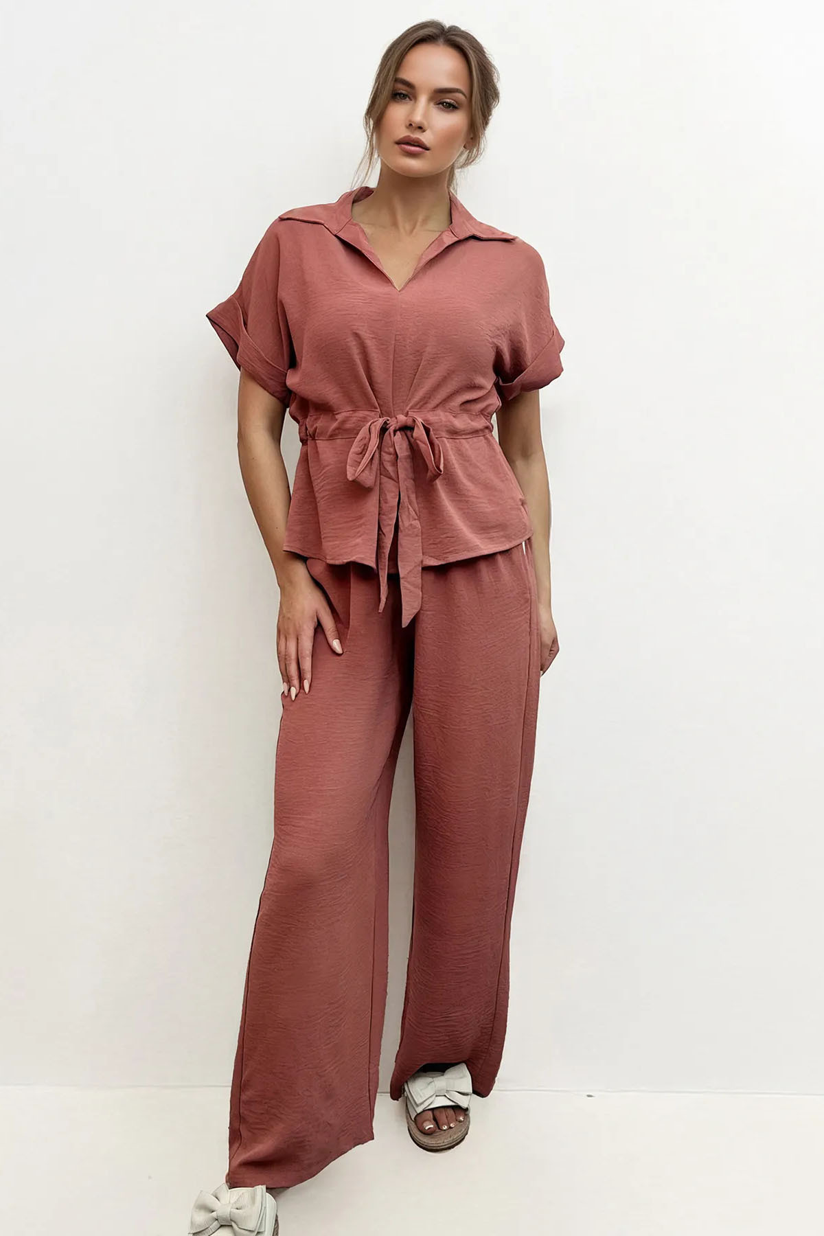Versatile Collared Rolled-Up Short Sleeve Top & Wide Leg Trousers Co-ord