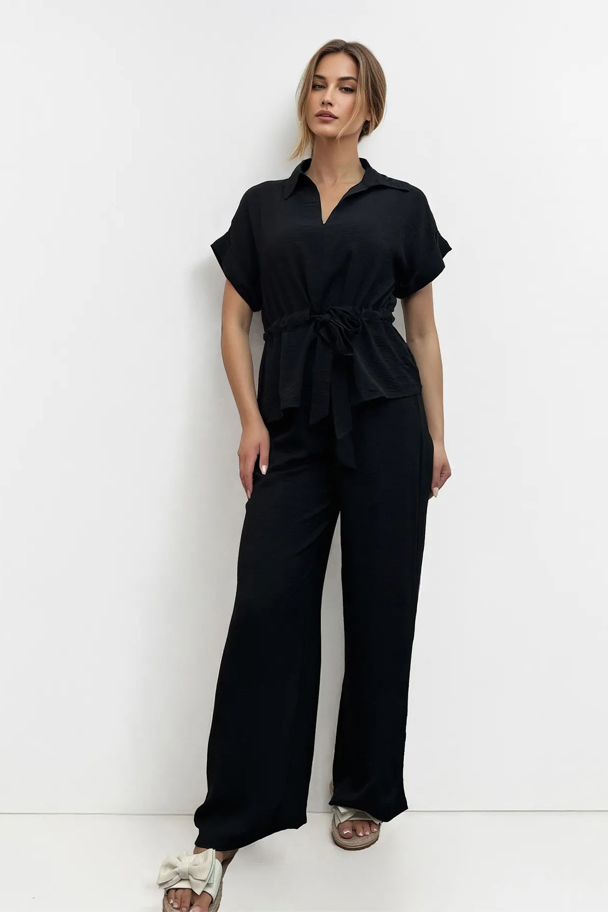 Versatile Collared Rolled-Up Short Sleeve Top & Wide Leg Trousers Co-ord