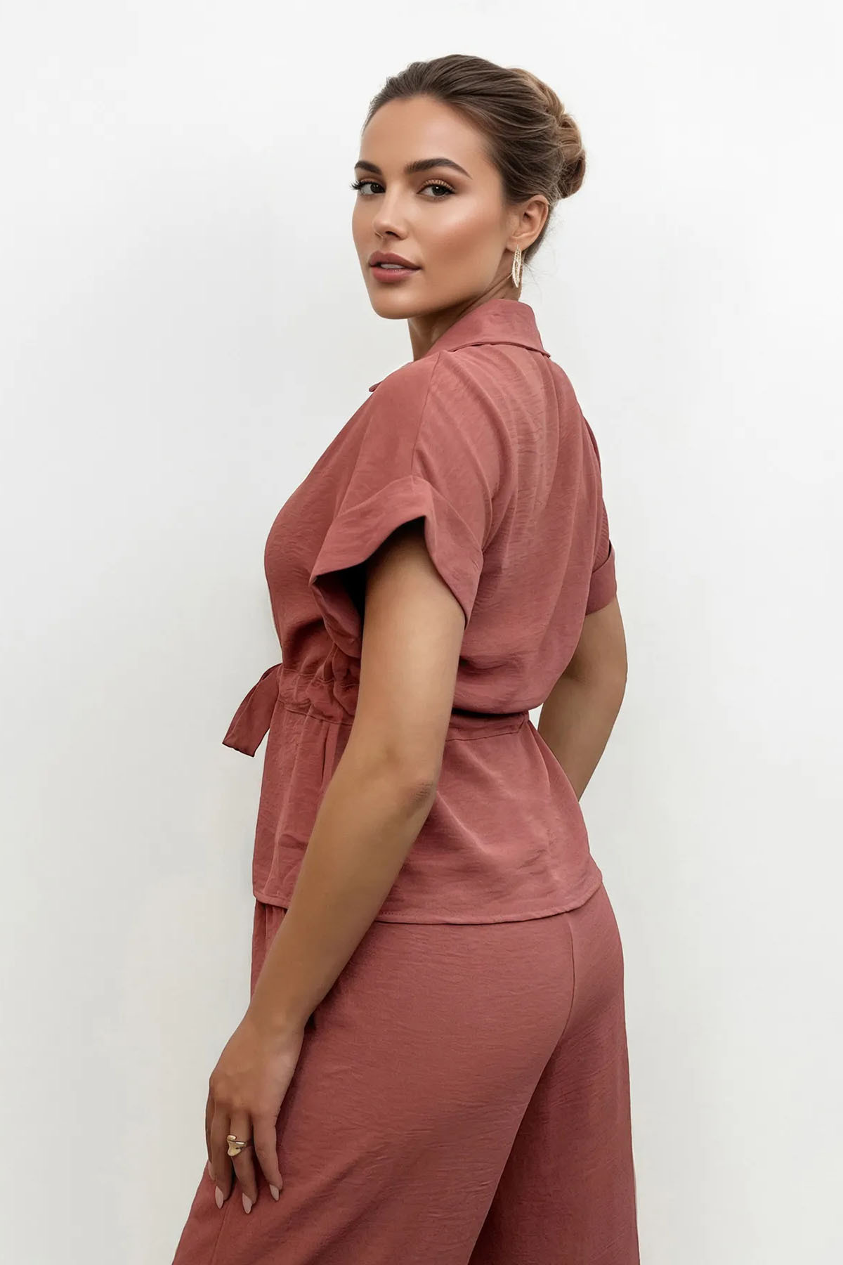 Versatile Collared Rolled-Up Short Sleeve Top & Wide Leg Trousers Co-ord