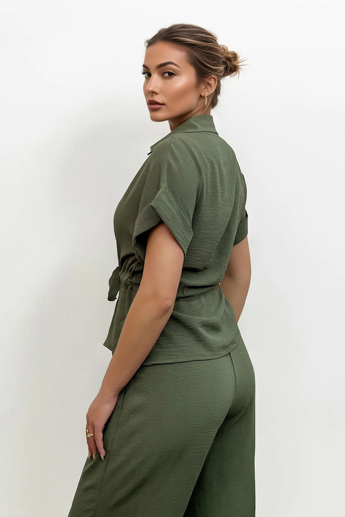 Versatile Collared Rolled-Up Short Sleeve Top & Wide Leg Trousers Co-ord