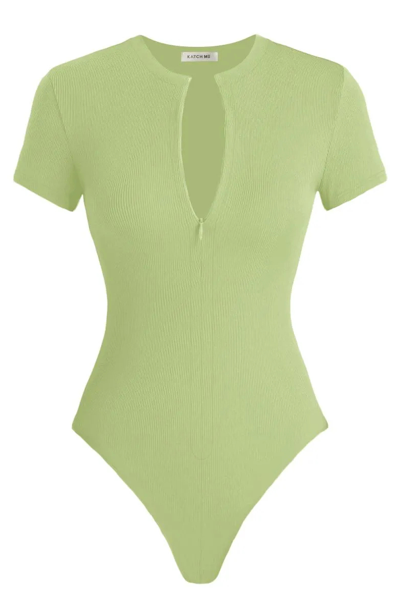Versatile Plain Invisible Zipper Round Neck Short Sleeve Ribbed Bodysuit-KATCH ME