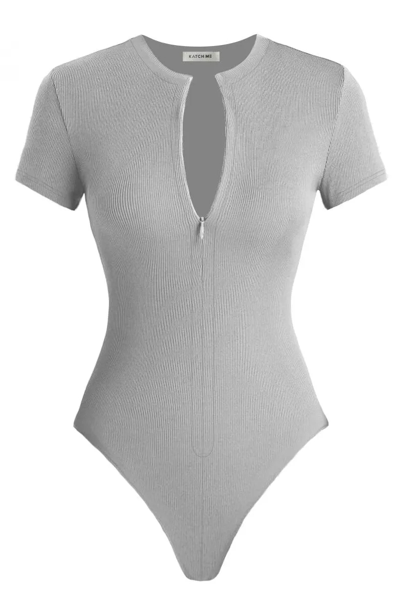 Versatile Plain Invisible Zipper Round Neck Short Sleeve Ribbed Bodysuit