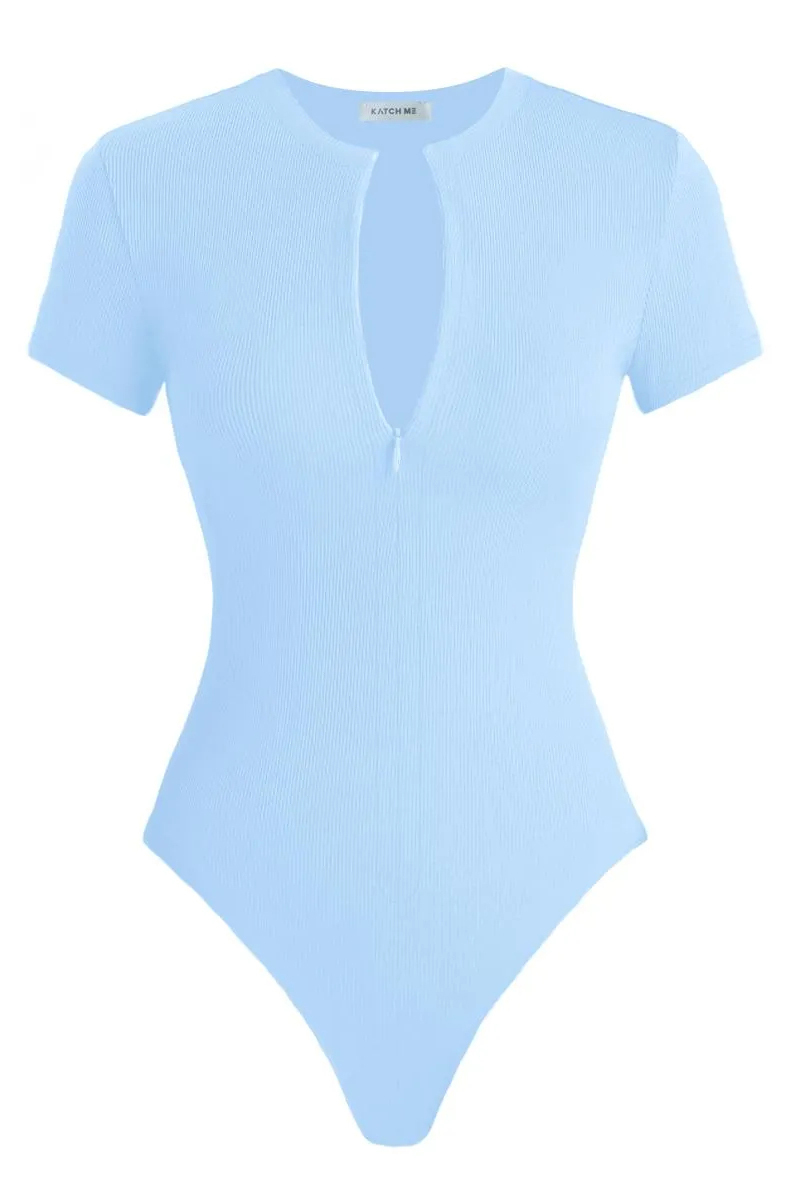 Versatile Plain Invisible Zipper Round Neck Short Sleeve Ribbed Bodysuit