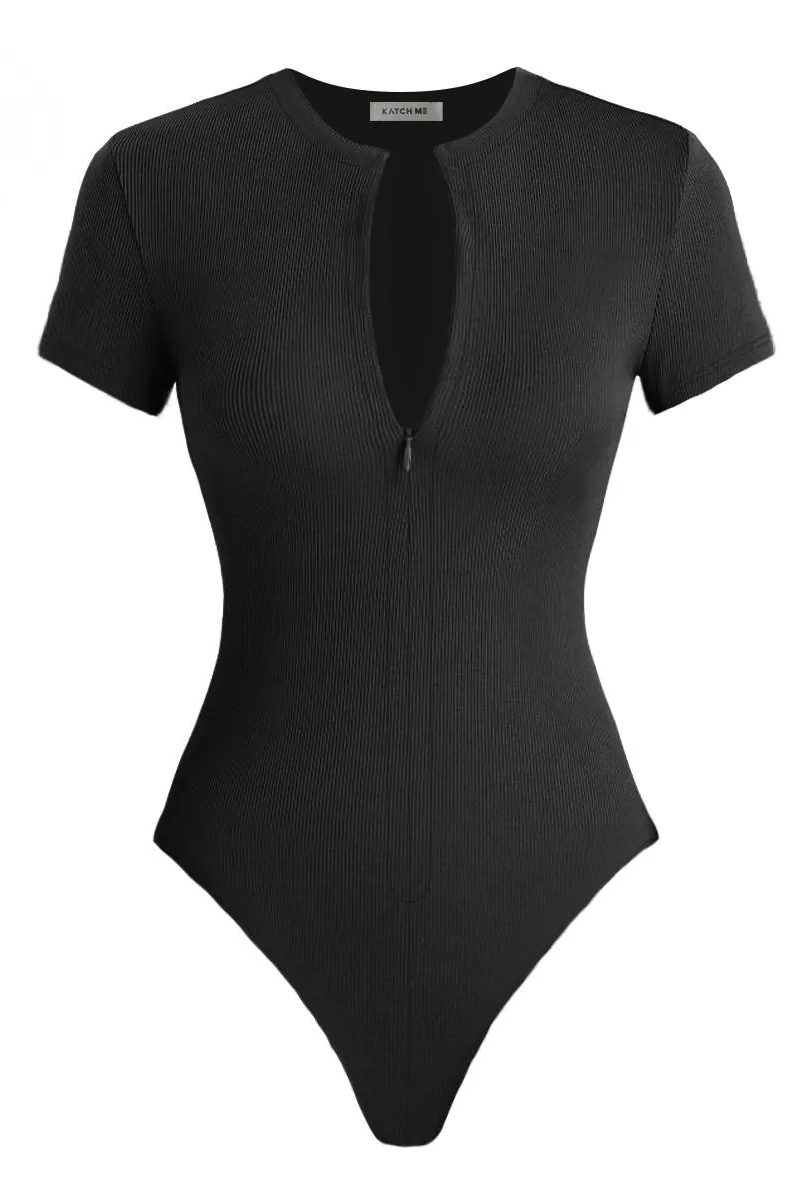 Versatile Plain Invisible Zipper Round Neck Short Sleeve Ribbed Bodysuit