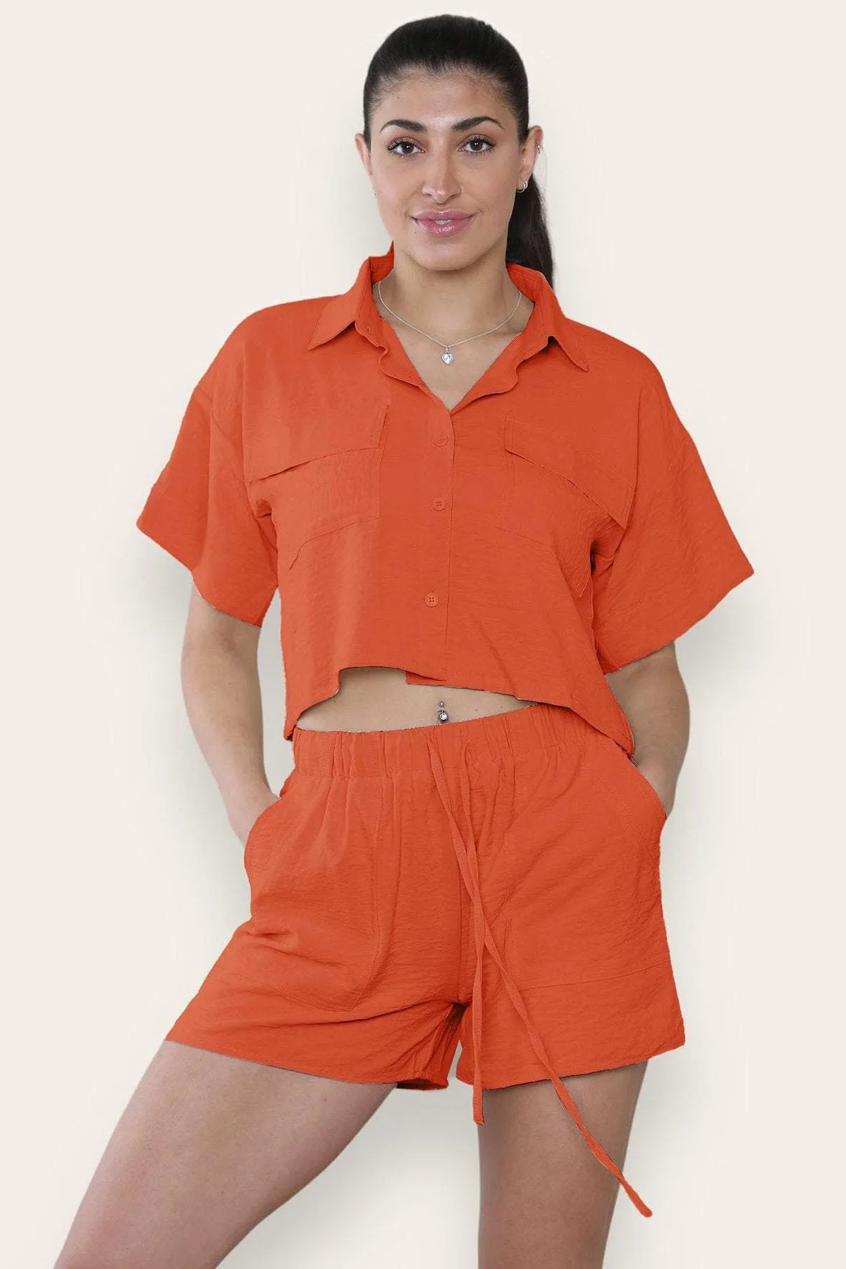 Versatile Solid Collared Flap Pocket Short Sleeve Shirt & Drawstring Waist Shorts Co-ord