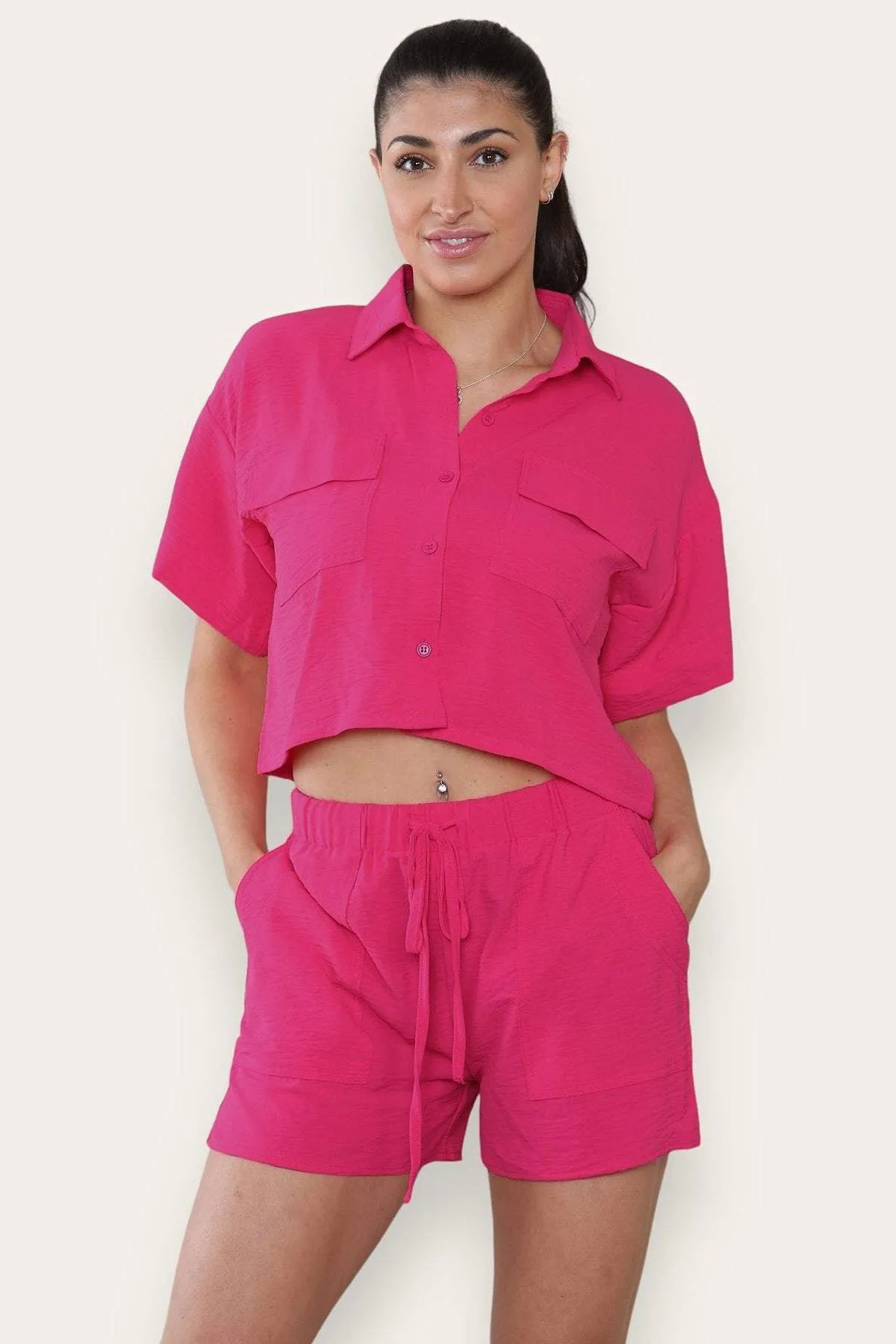 Versatile Solid Collared Flap Pocket Short Sleeve Shirt & Drawstring Waist Shorts Co-ord