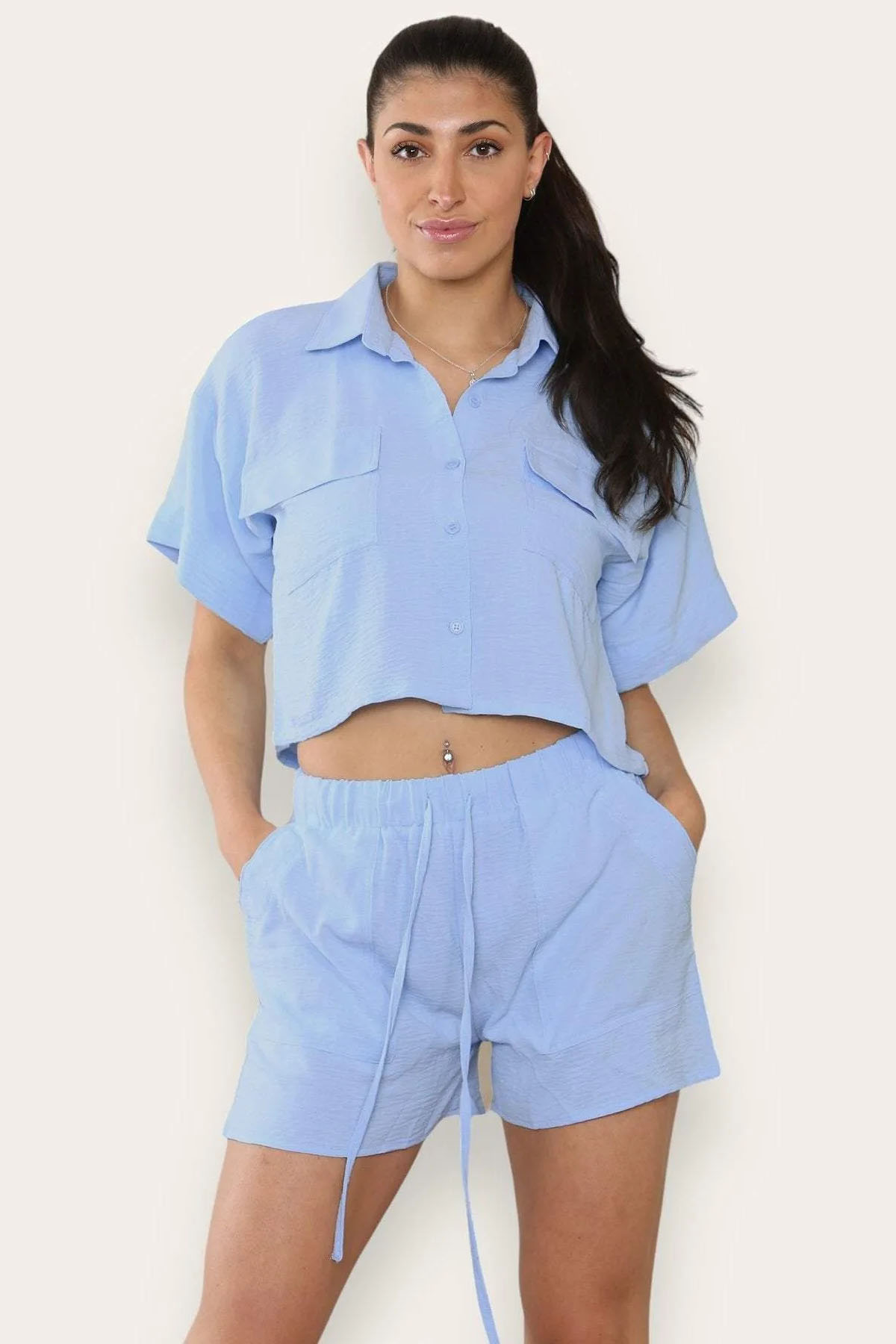 Versatile Solid Collared Flap Pocket Short Sleeve Shirt & Drawstring Waist Shorts Co-ord