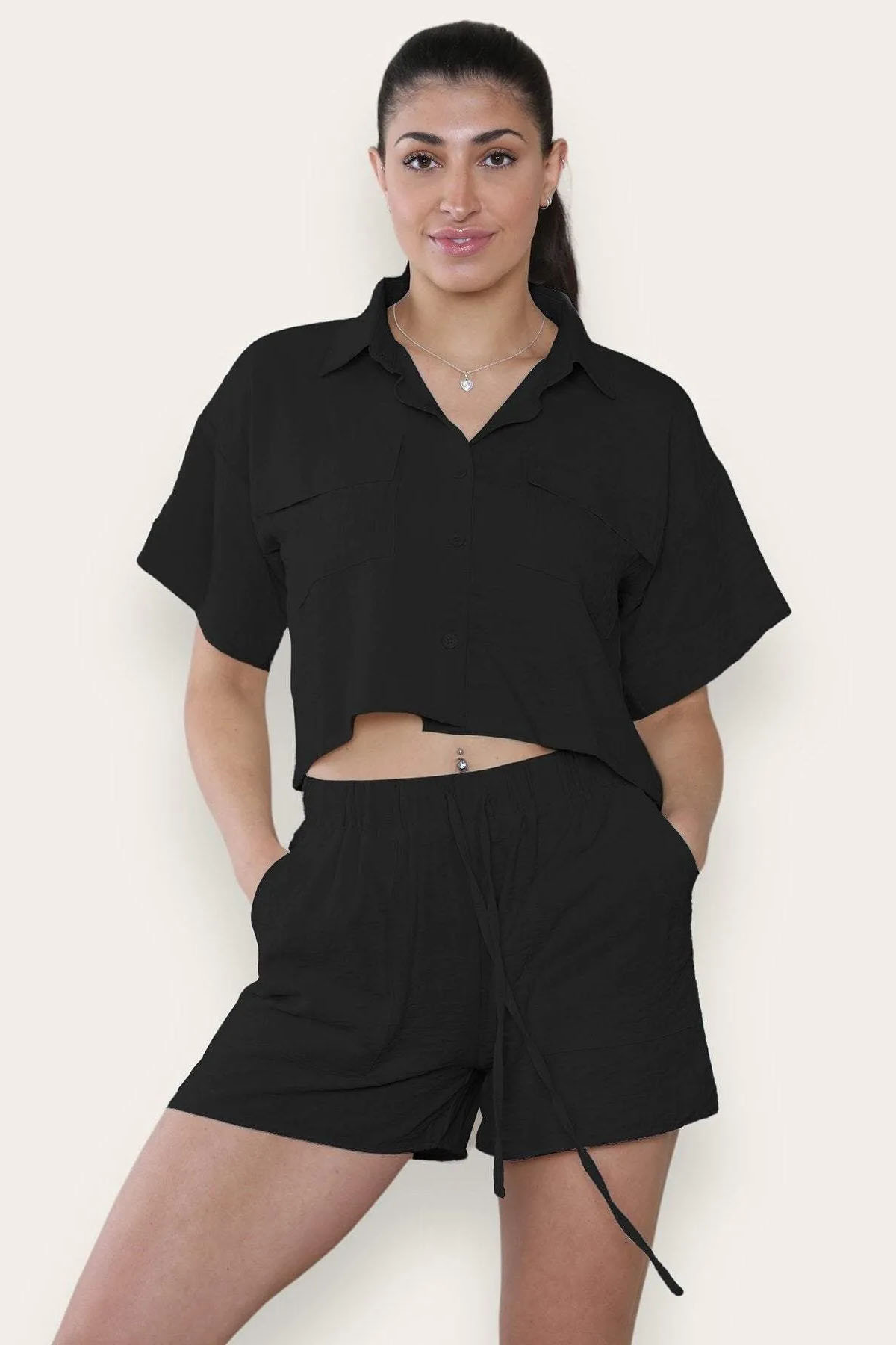 Versatile Solid Collared Flap Pocket Short Sleeve Shirt & Drawstring Waist Shorts Co-ord