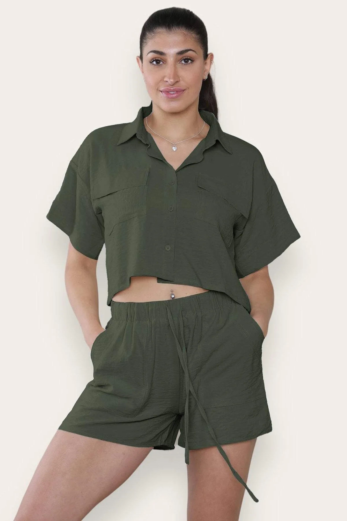 Versatile Solid Collared Flap Pocket Short Sleeve Shirt & Drawstring Waist Shorts Co-ord