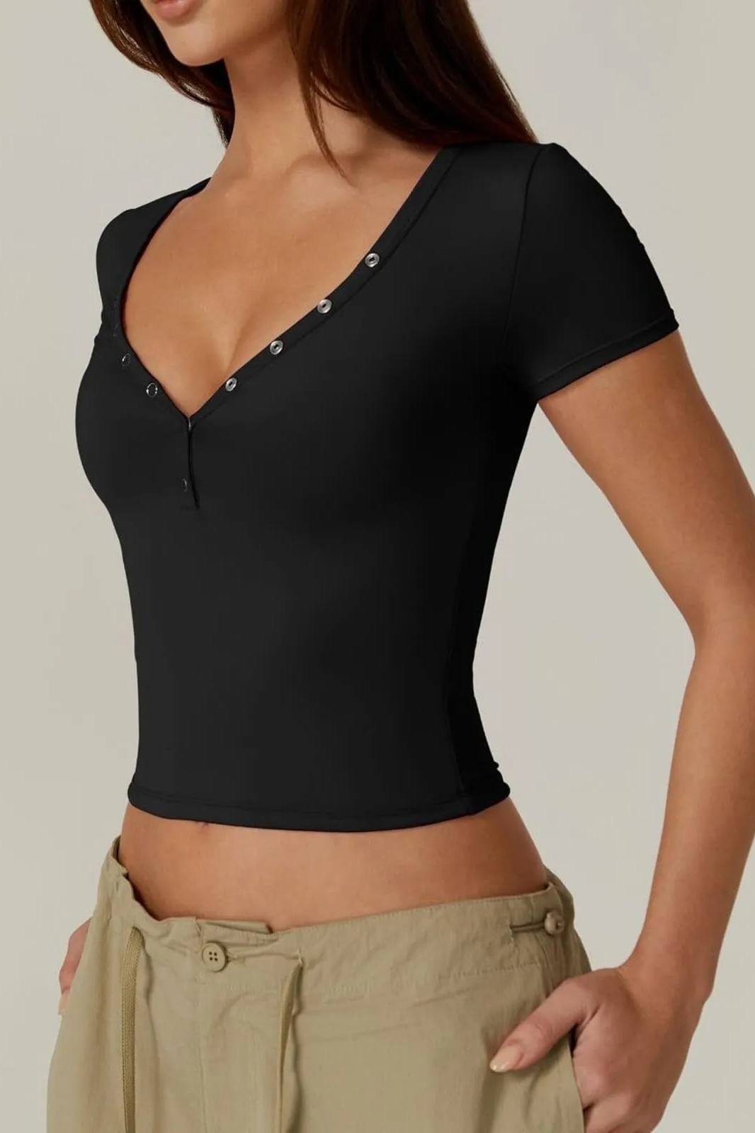 Versatile V Neck Partial Button Short Sleeve Slim Top