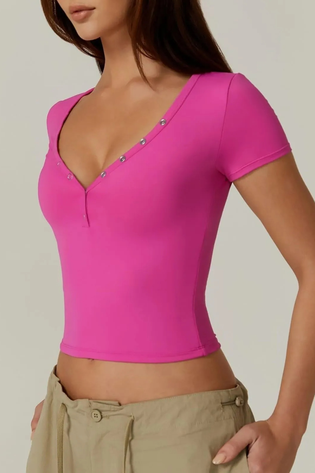 Versatile V Neck Partial Button Short Sleeve Slim Top