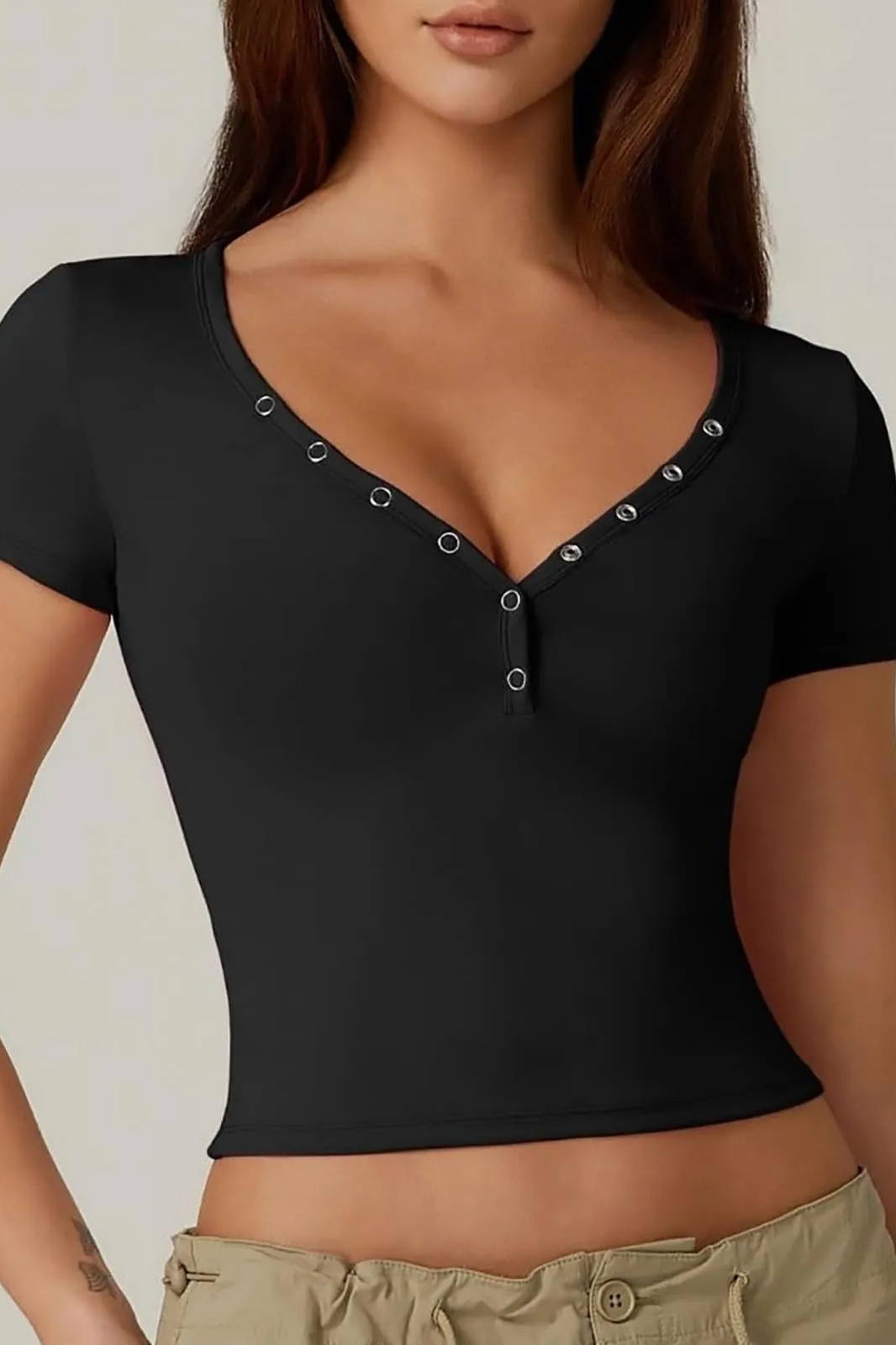 Versatile V Neck Partial Button Short Sleeve Slim Top