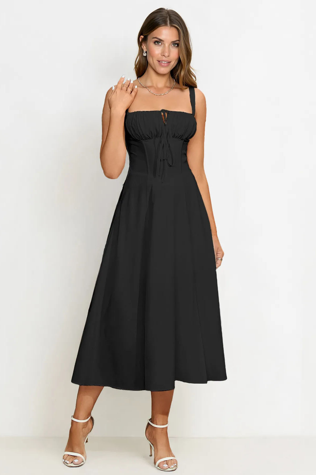 Vibrant Solid Color Front Tie Thin Waist Strappy Maxi Dress