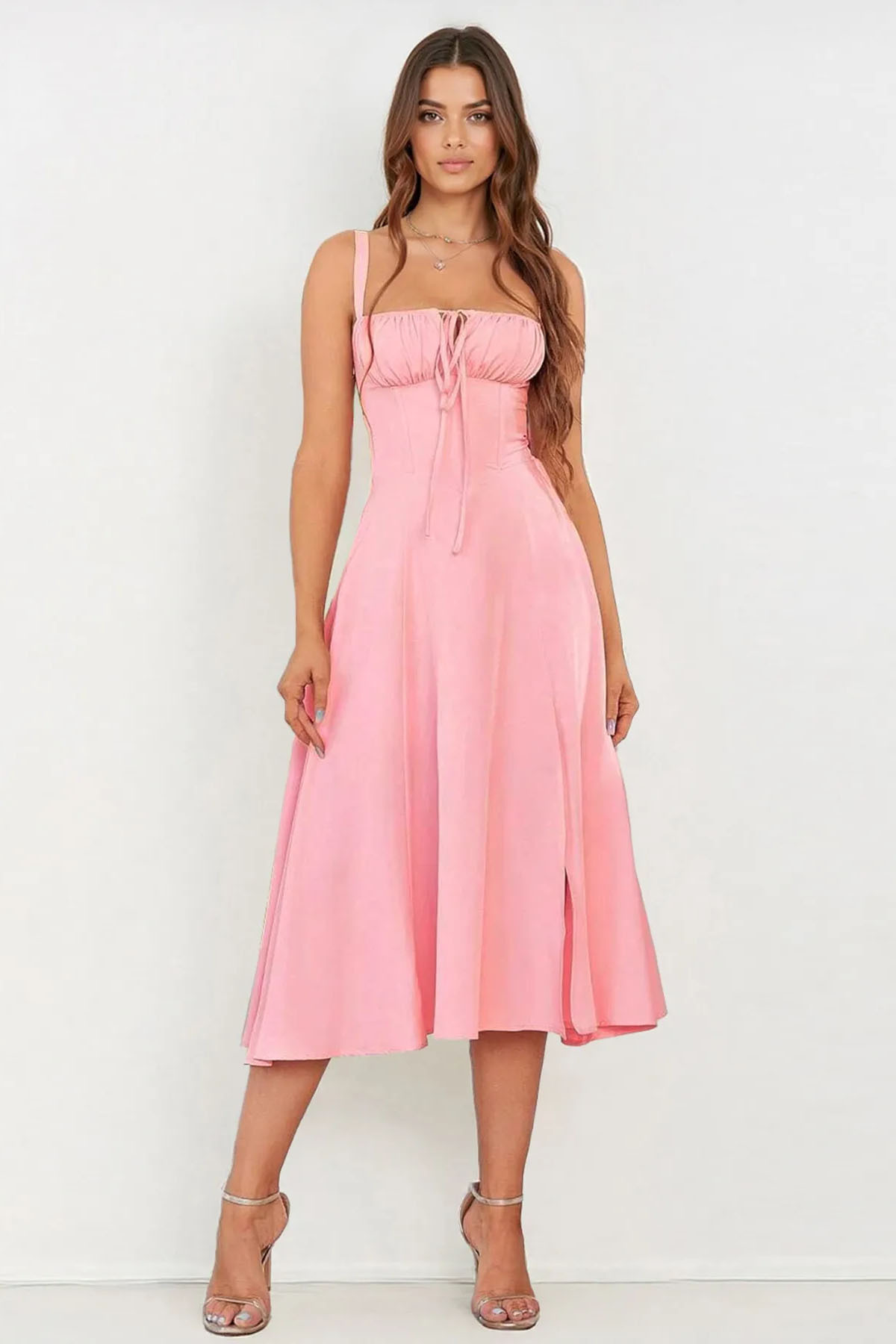 Vibrant Solid Color Front Tie Thin Waist Strappy Maxi Dress