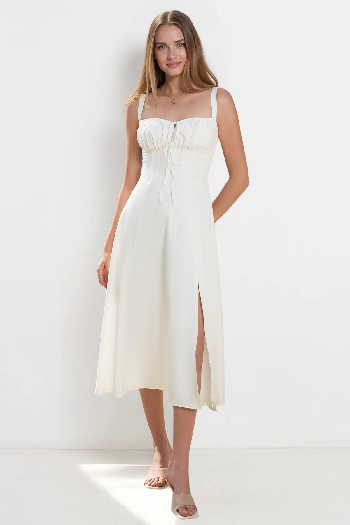 Vibrant Solid Color Front Tie Thin Waist Strappy Maxi Dress