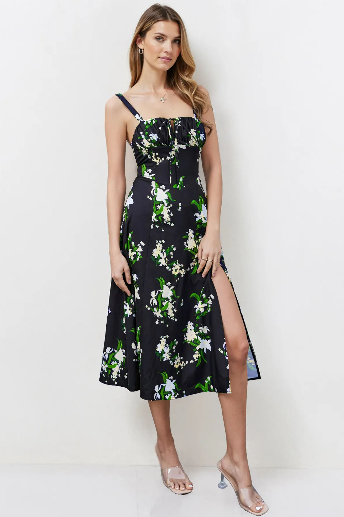 Vibrant Solid Color Front Tie Thin Waist Strappy Maxi Dress