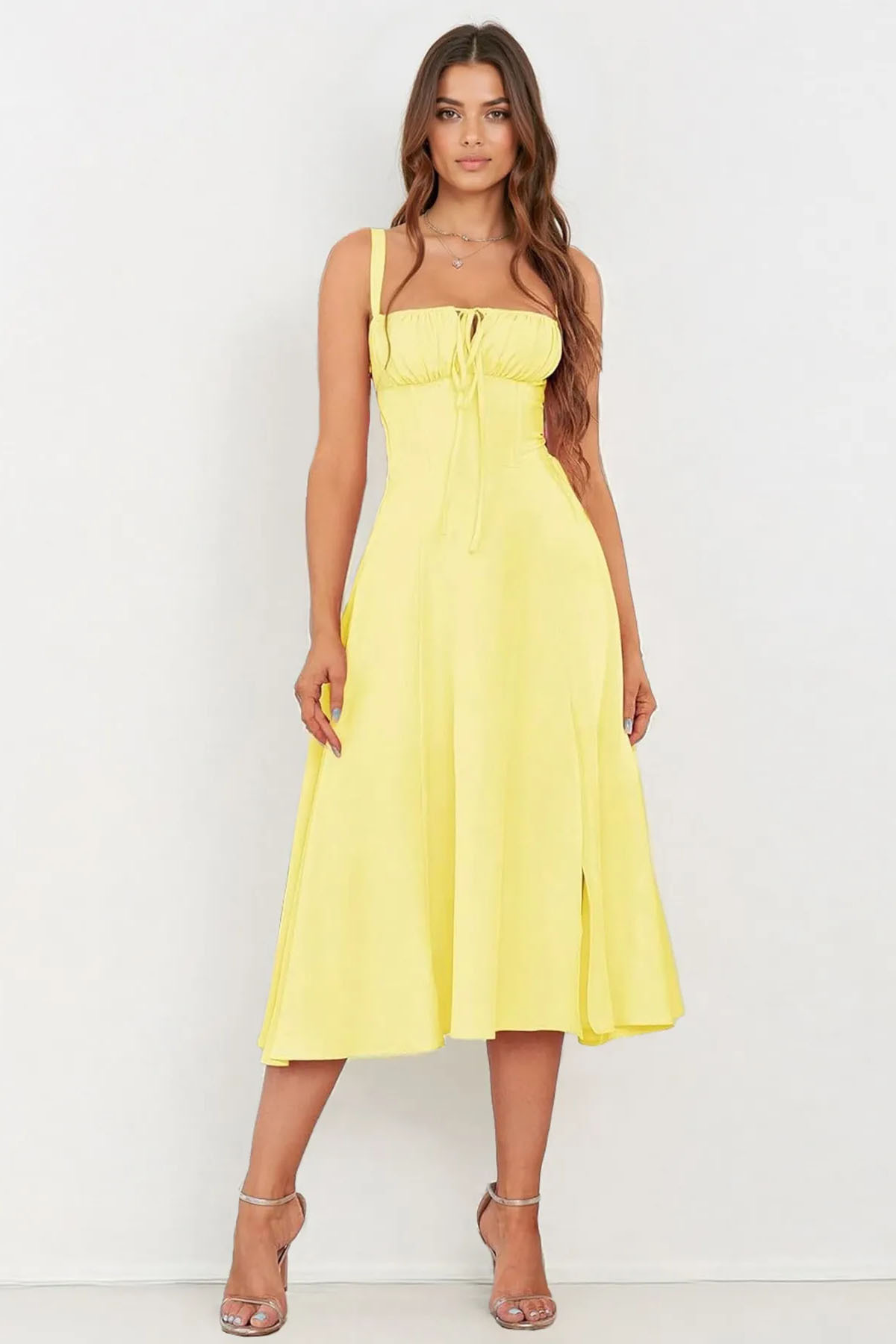 Vibrant Solid Color Front Tie Thin Waist Strappy Maxi Dress