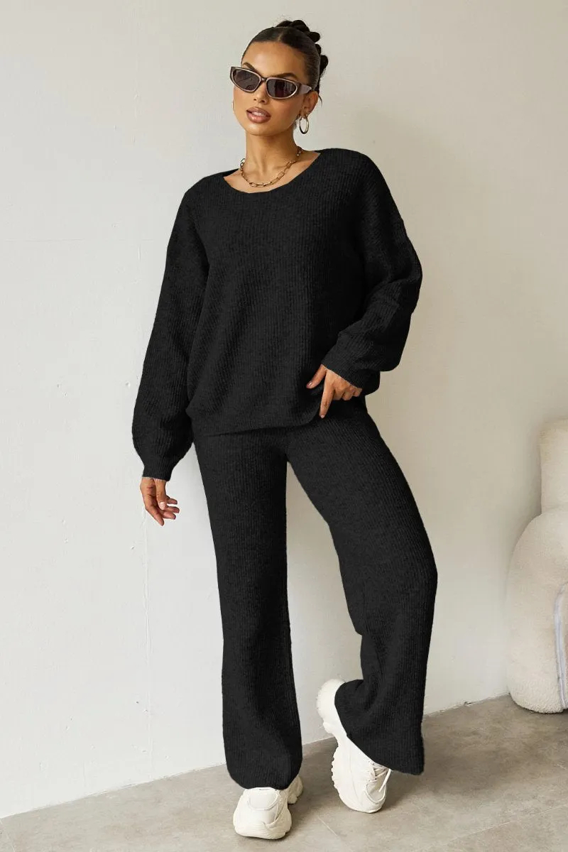 Women's Black Cozy Knit Scoop Neck Long Sleeve Loose Top & Stretch Tro