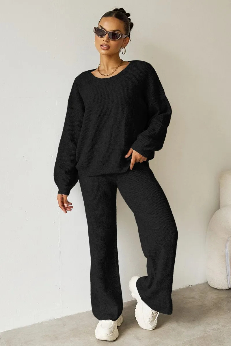 Women's Black Cozy Knit Scoop Neck Long Sleeve Loose Top & Stretch Tro