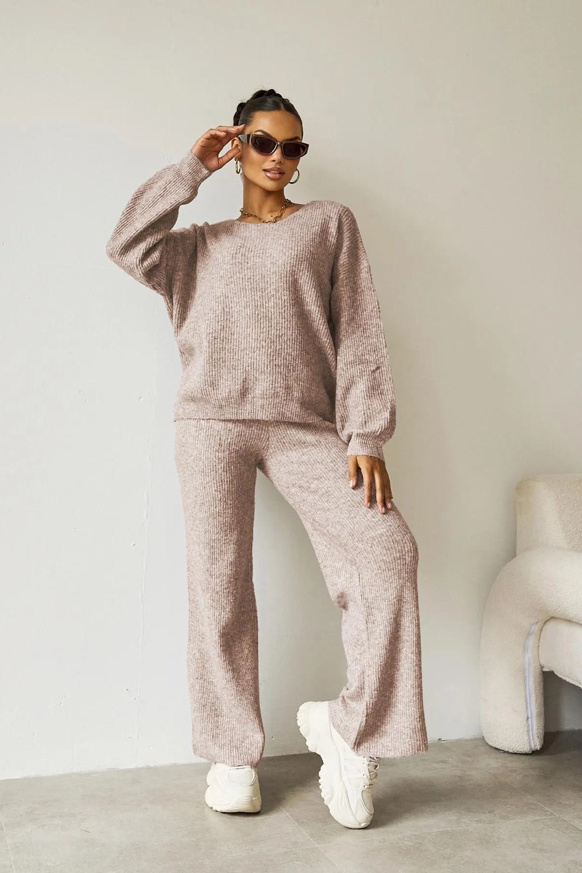 Women's Black Cozy Knit Scoop Neck Long Sleeve Loose Top & Stretch Trousers Co-ord