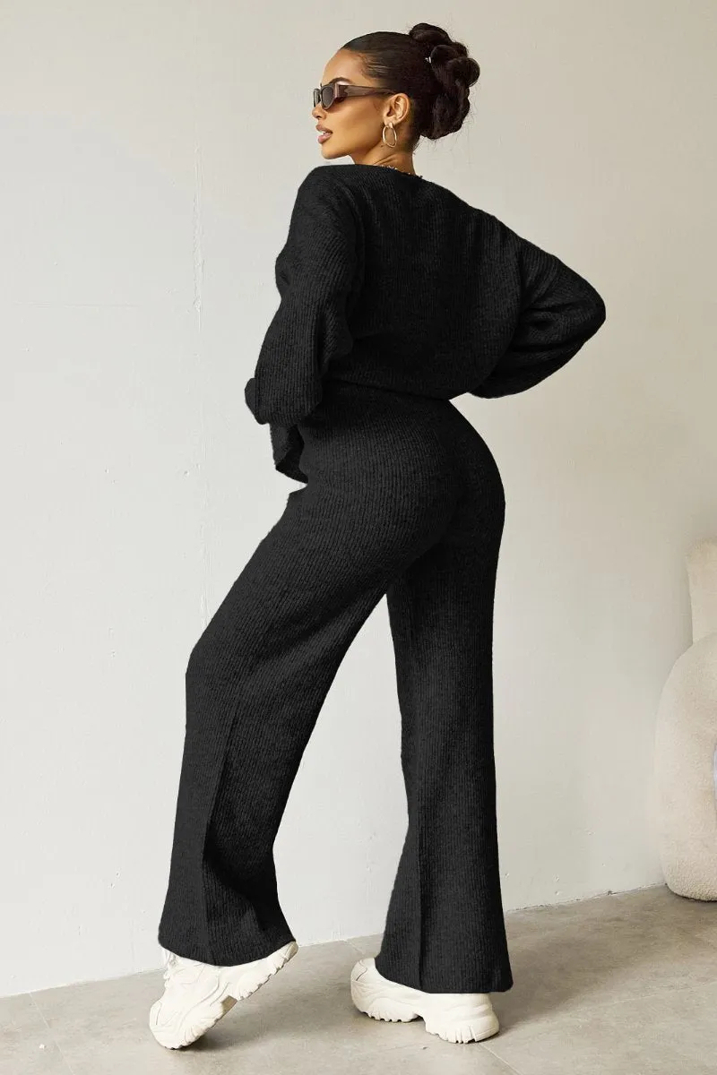 Women's Black Cozy Knit Scoop Neck Long Sleeve Loose Top & Stretch Trousers Co-ord