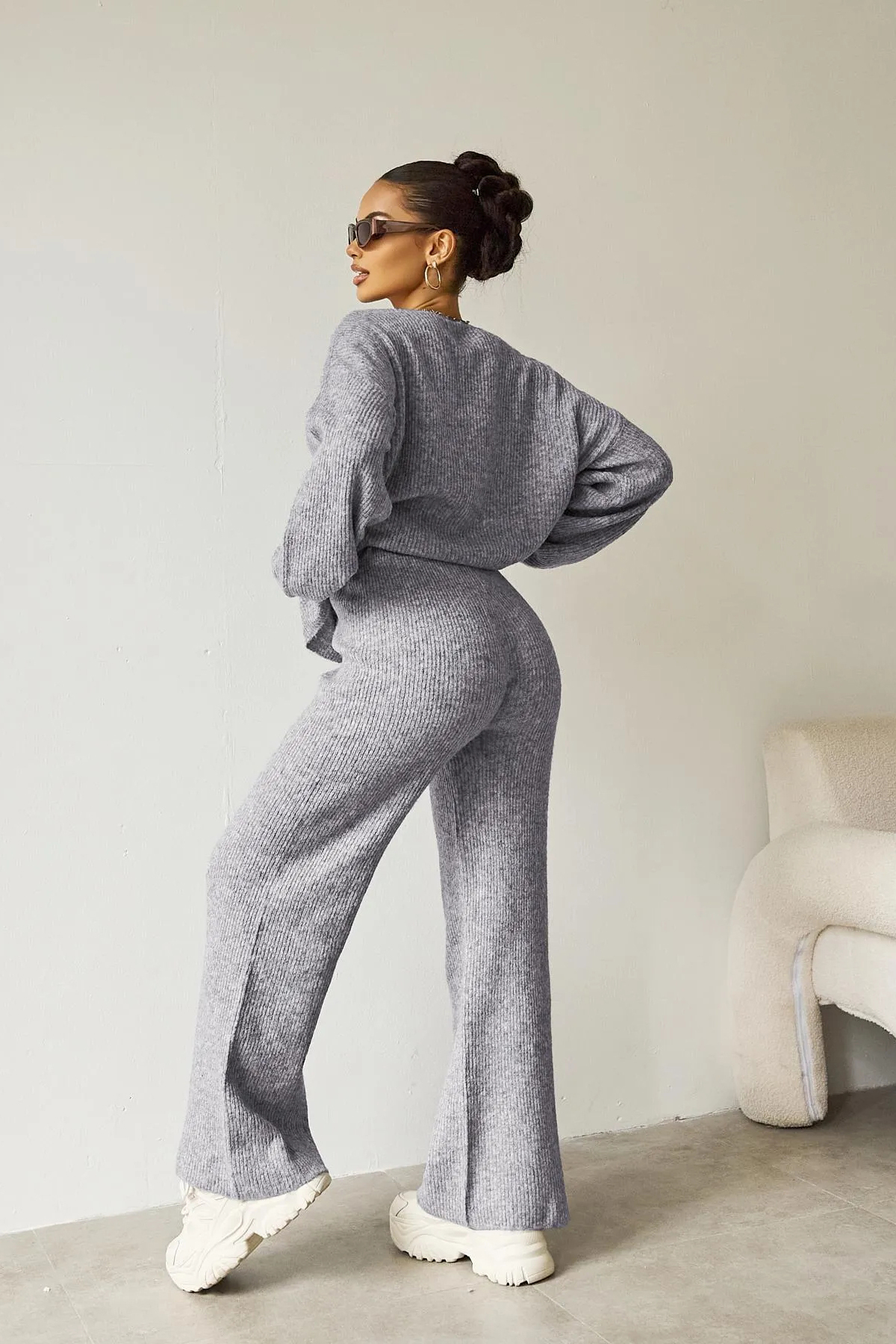 Women's Black Cozy Knit Scoop Neck Long Sleeve Loose Top & Stretch Trousers Co-ord