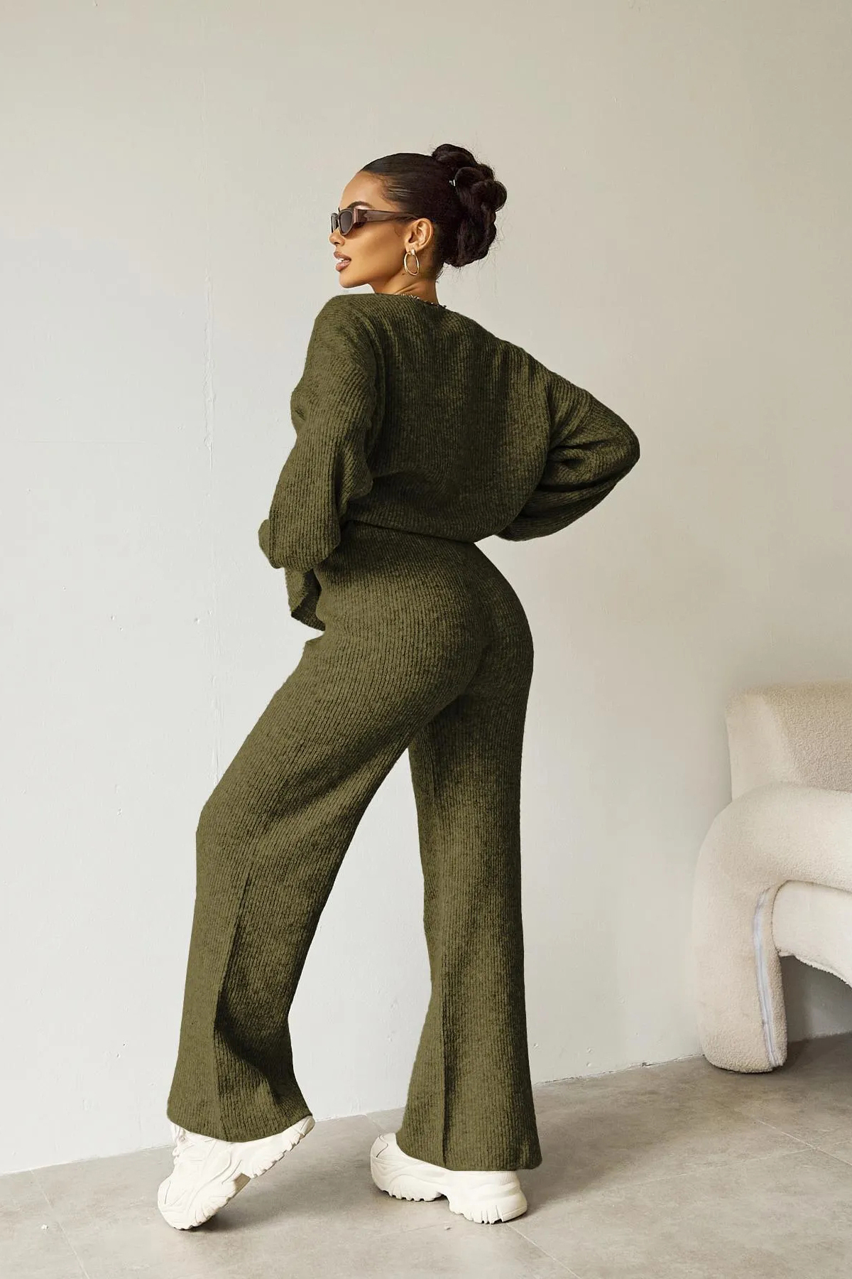 Women's Black Cozy Knit Scoop Neck Long Sleeve Loose Top & Stretch Trousers Co-ord