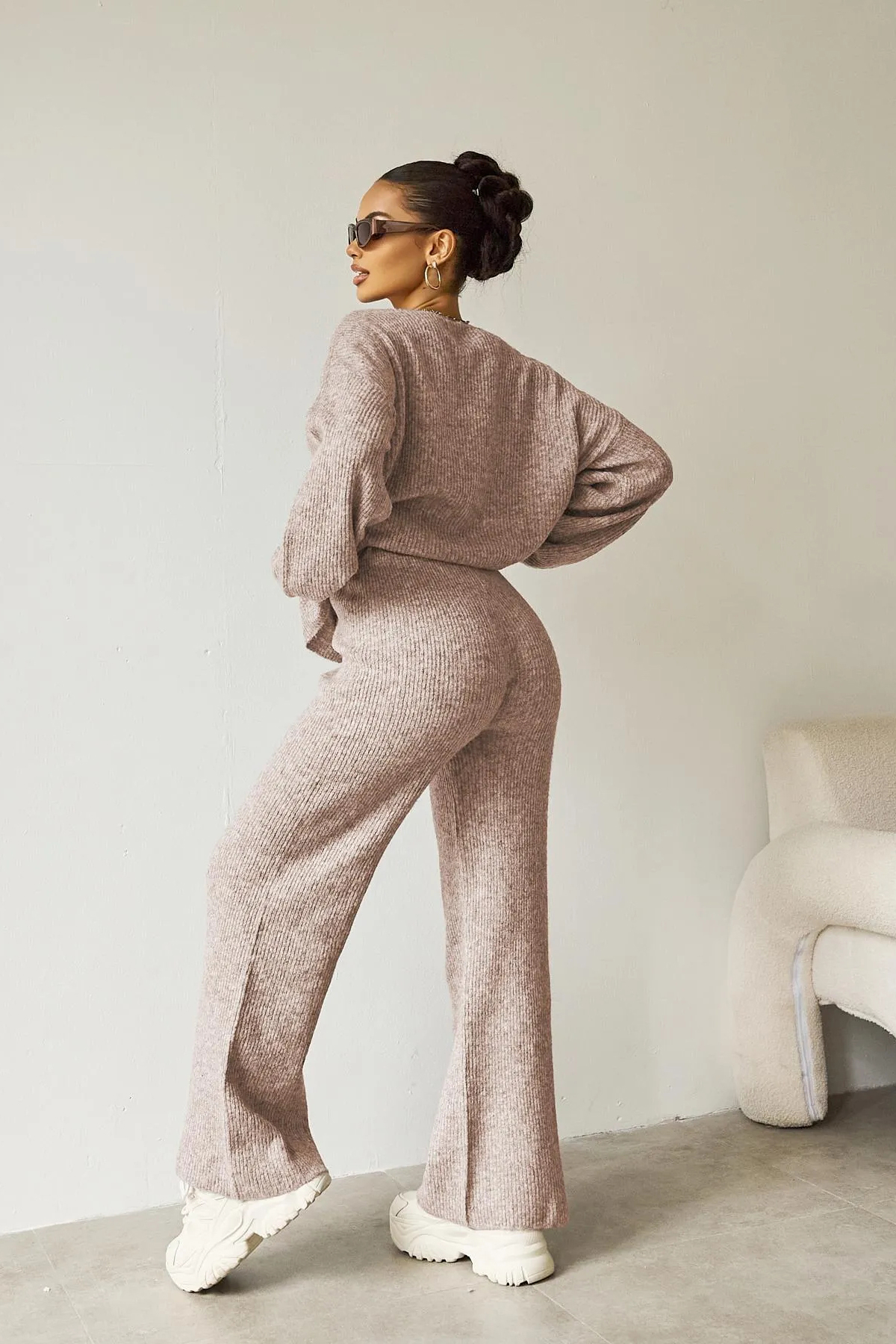 Women's Black Cozy Knit Scoop Neck Long Sleeve Loose Top & Stretch Trousers Co-ord