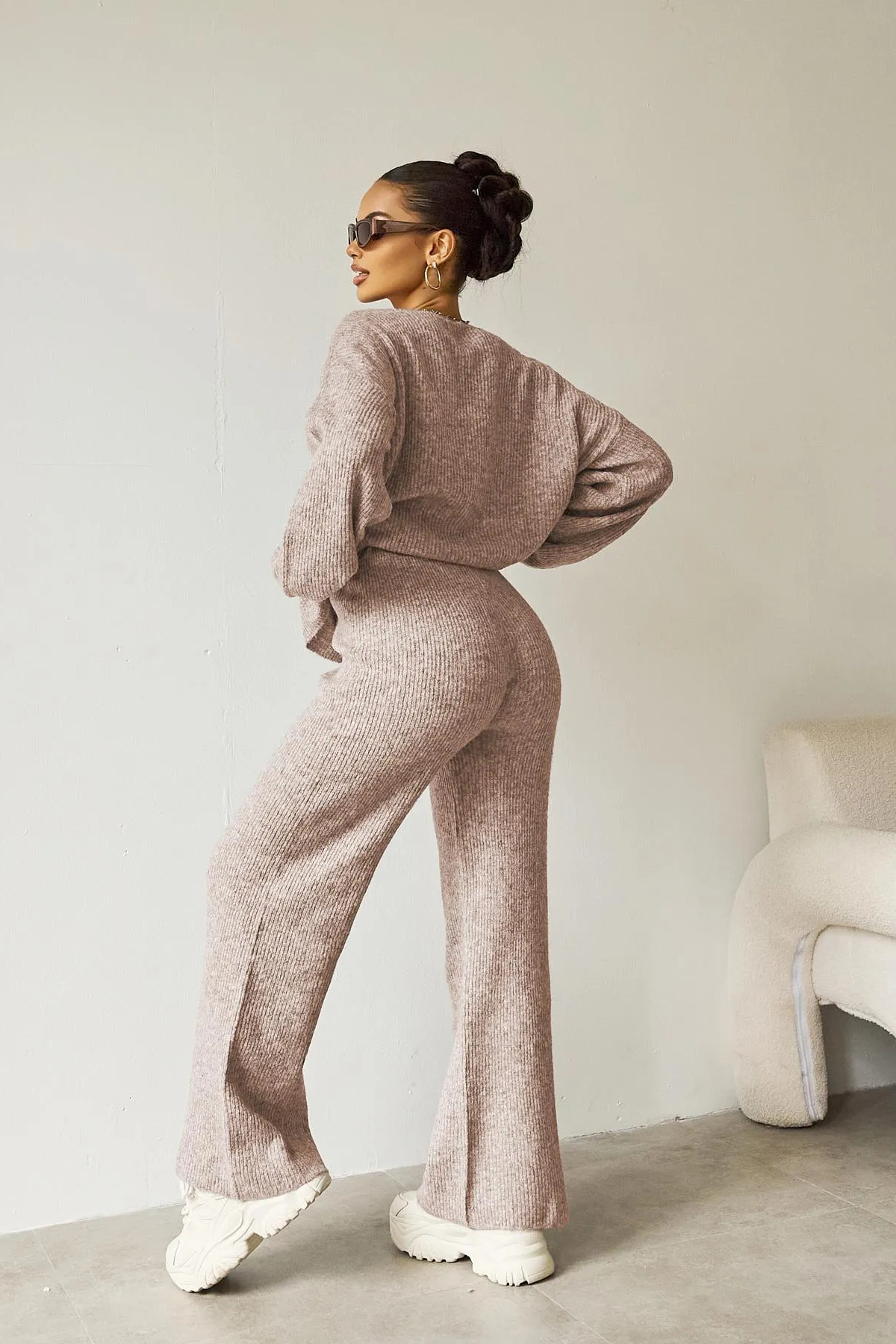 Women's Black Cozy Knit Scoop Neck Long Sleeve Loose Top & Stretch Trousers Co-ord