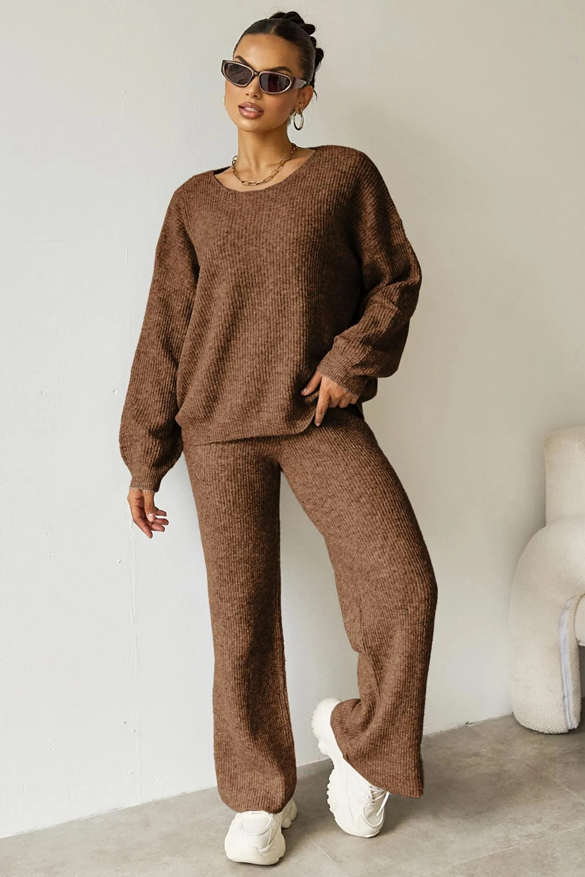 Women's Black Cozy Knit Scoop Neck Long Sleeve Loose Top & Stretch Trousers Co-ord