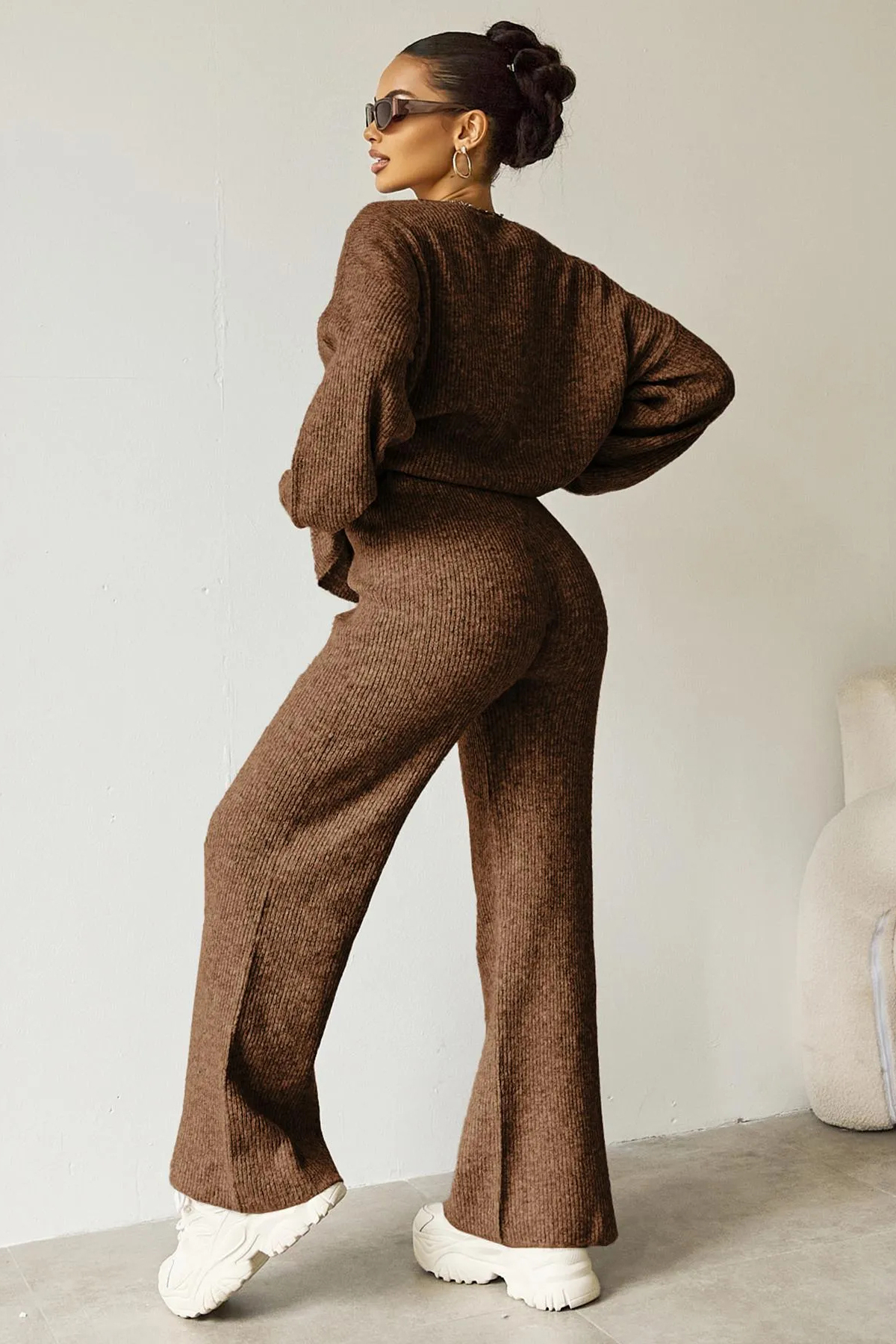 Women's Black Cozy Knit Scoop Neck Long Sleeve Loose Top & Stretch Trousers Co-ord