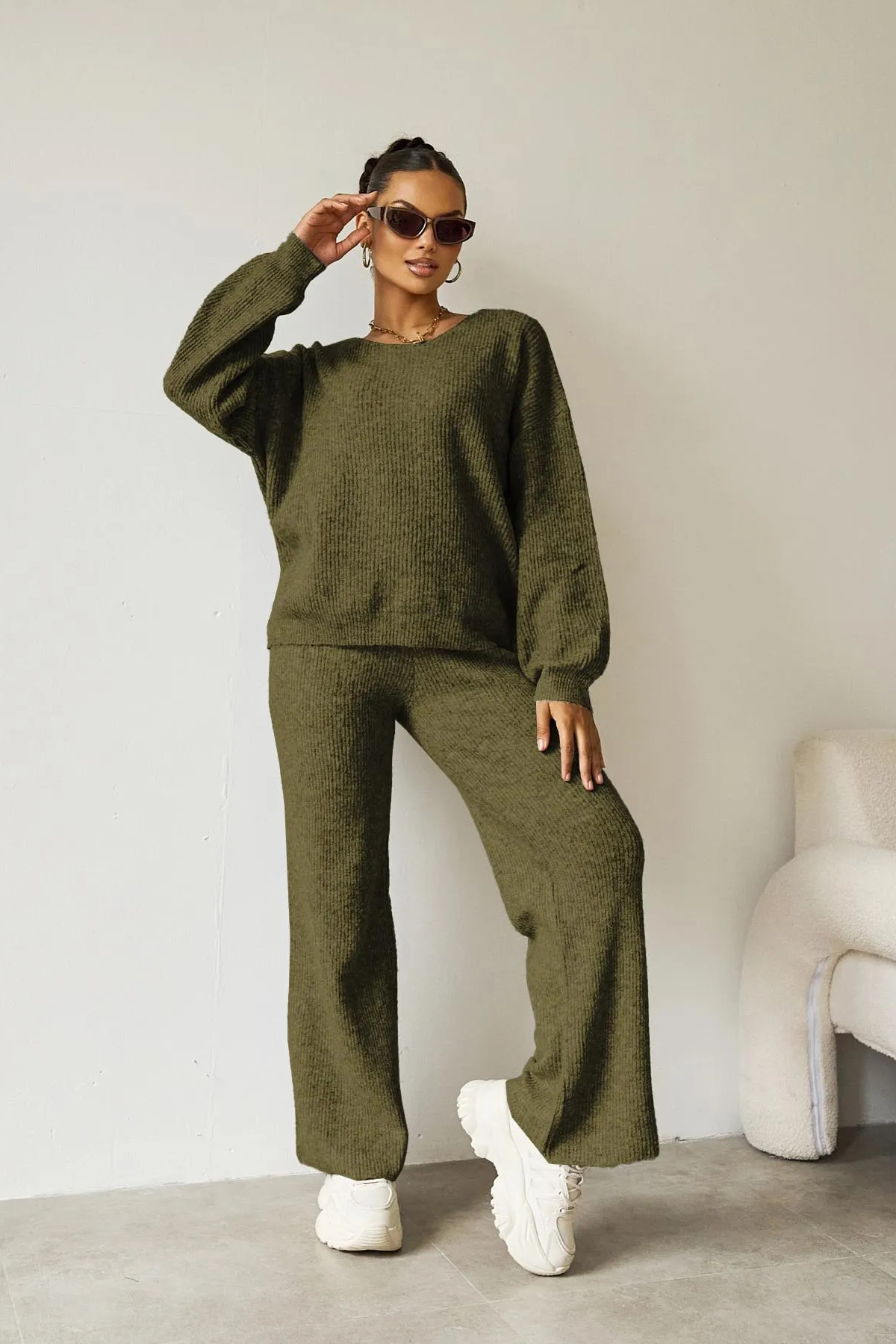 Women's Black Cozy Knit Scoop Neck Long Sleeve Loose Top & Stretch Trousers Co-ord