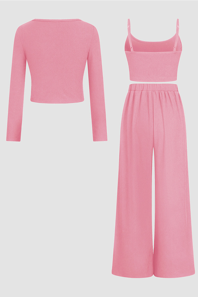 Minimalist Slim Camisole & High-Waist Trousers with Long-Sleeve Cardigan 3-Piece Set