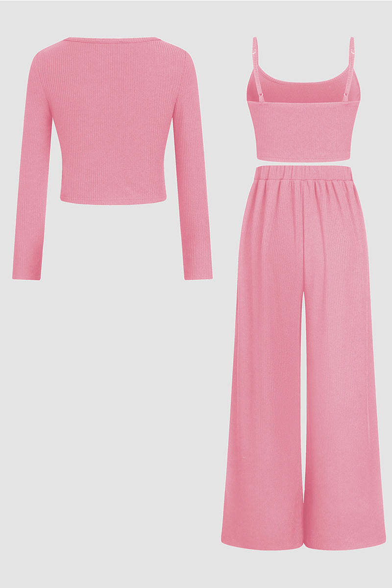 Minimalist Slim Camisole & High-Waist Trousers with Long-Sleeve Cardigan 3-Piece Set