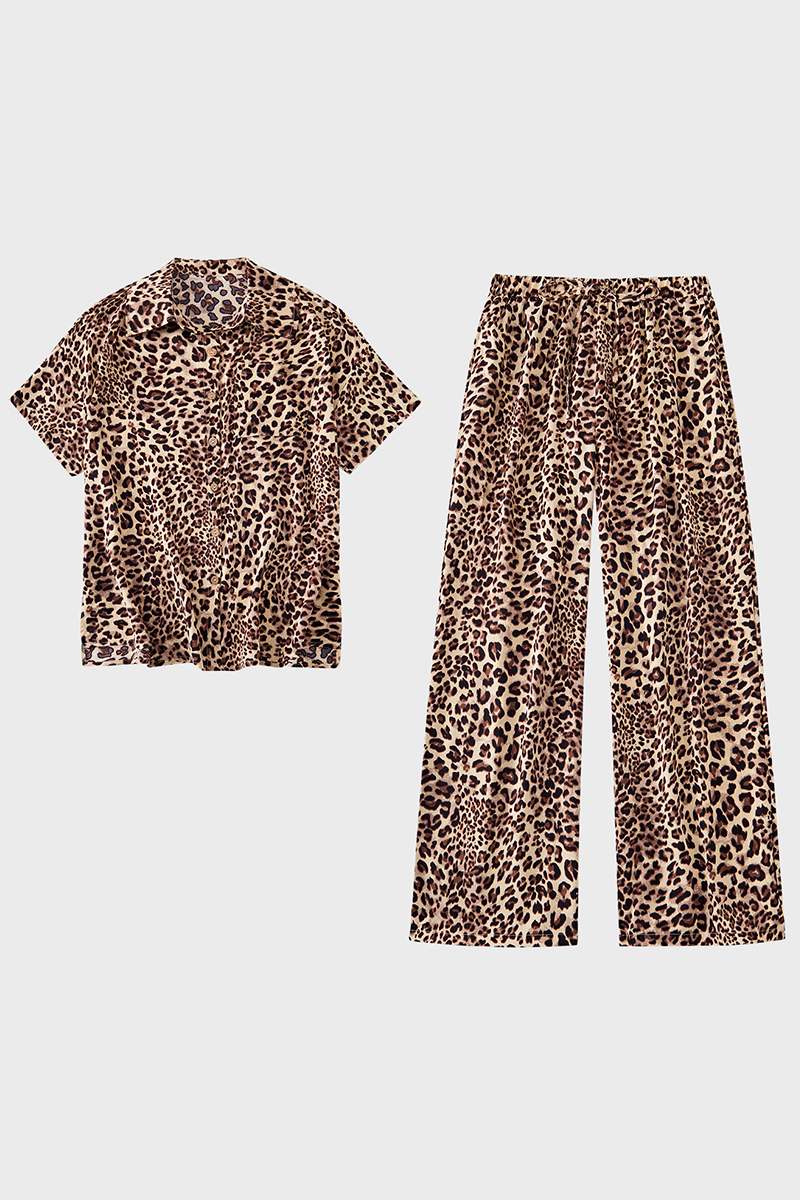 Chic Leopard Print Collared Button Short Sleeve Shirt & Wide Leg Trousers Co-ord