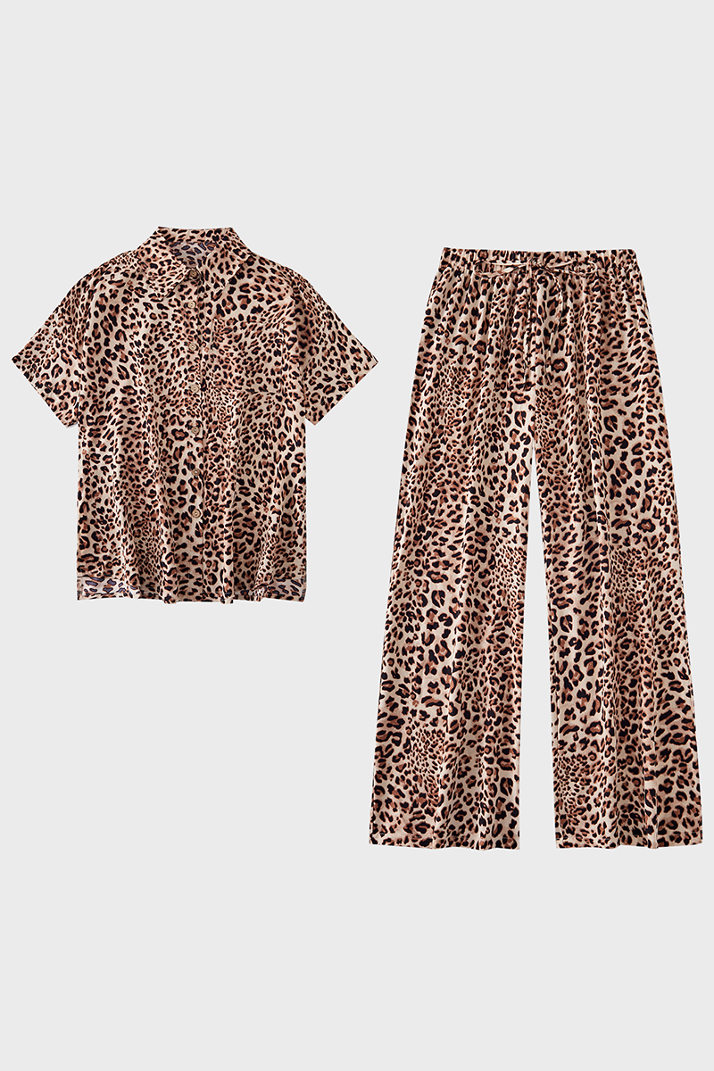 Chic Leopard Print Collared Button Short Sleeve Shirt & Wide Leg Trousers Co-ord