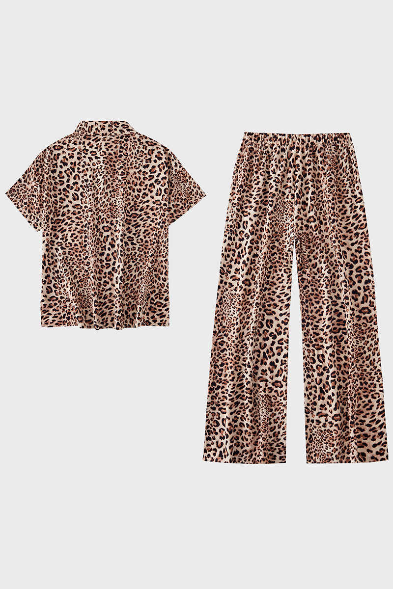 Chic Leopard Print Collared Button Short Sleeve Shirt & Wide Leg Trousers Co-ord