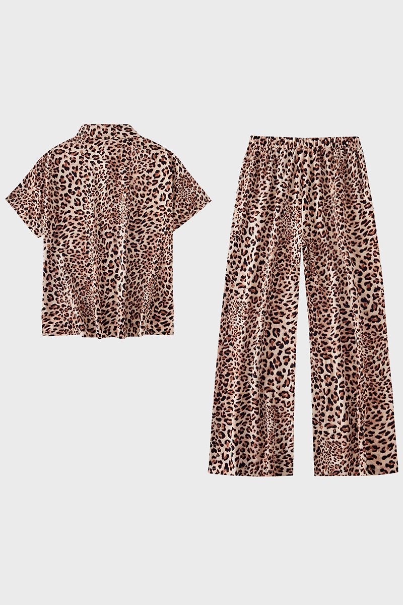 Chic Leopard Print Collared Button Short Sleeve Shirt & Wide Leg Trousers Co-ord